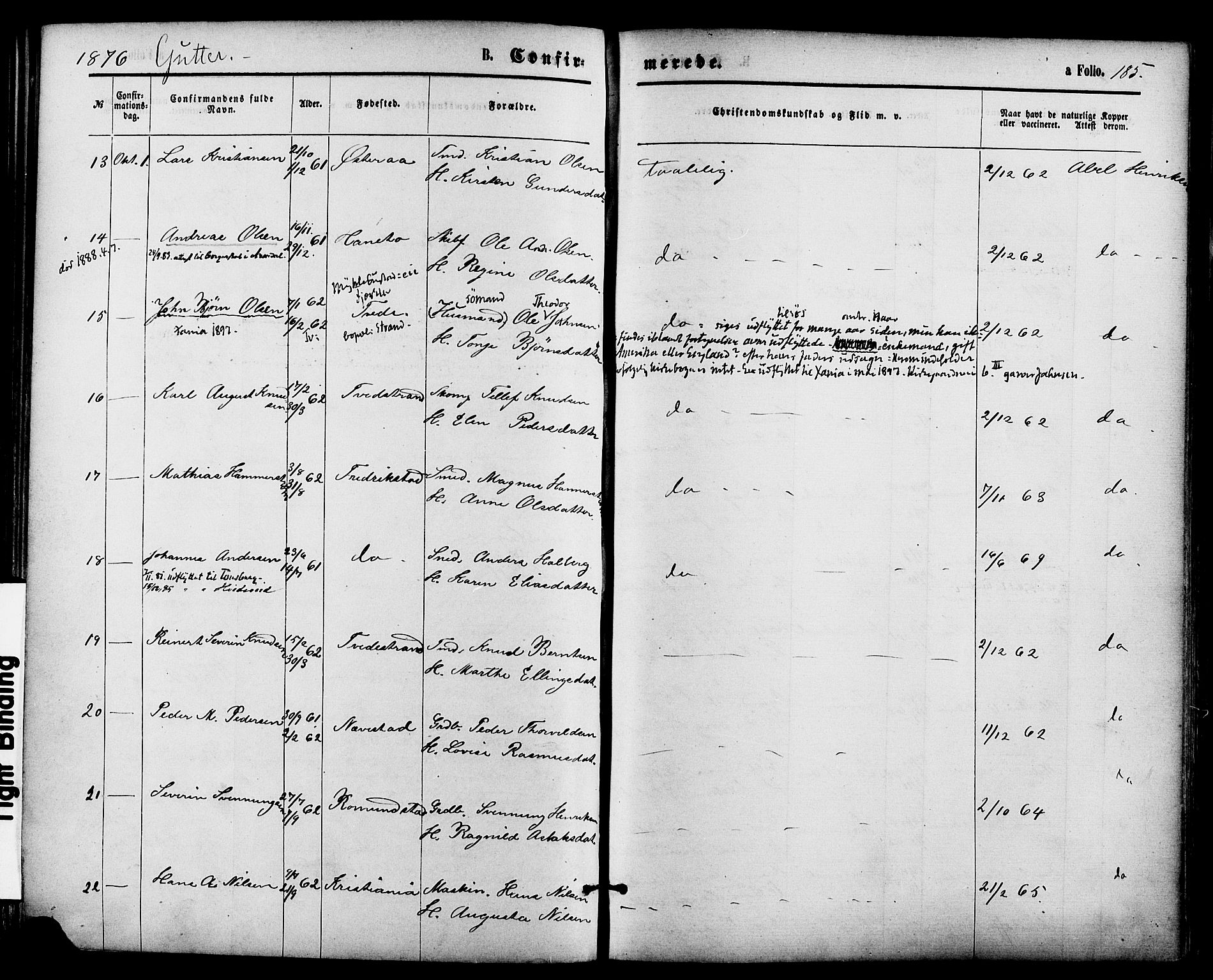 Holt sokneprestkontor, SAK/1111-0021/F/Fa/L0010: Parish register (official) no. A 10, 1872-1885, p. 185