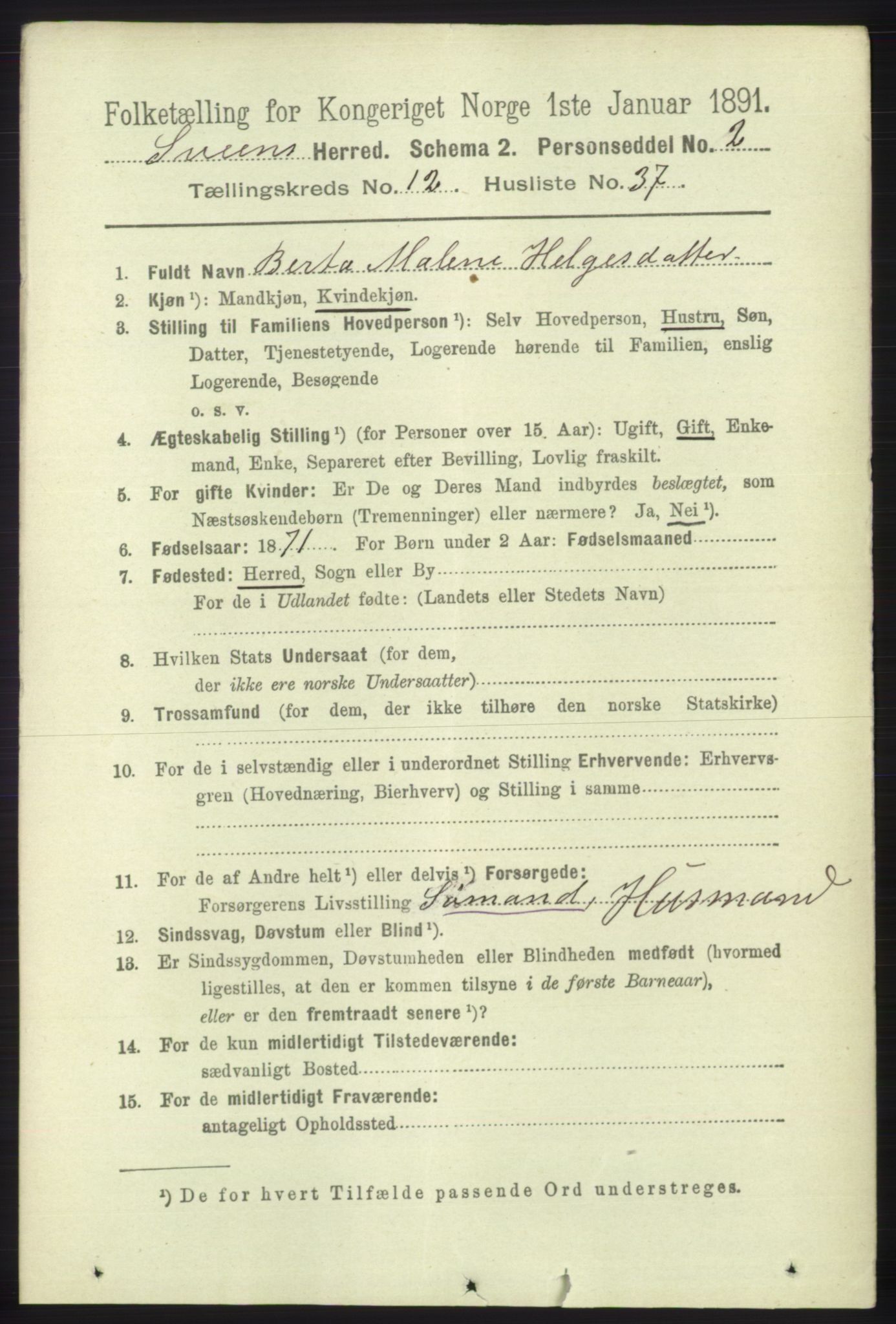 RA, 1891 census for 1216 Sveio, 1891, p. 3613