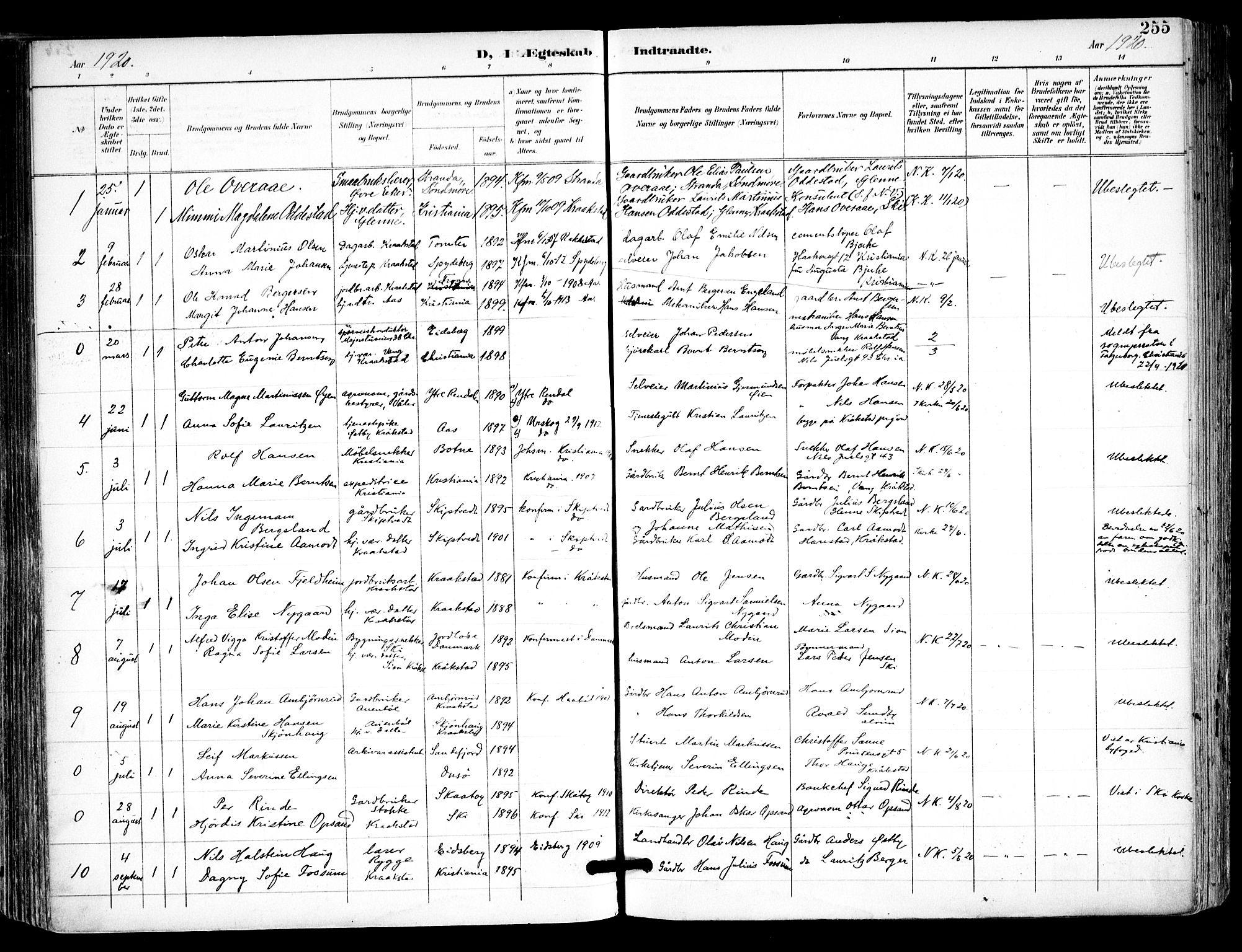 Kråkstad prestekontor Kirkebøker, SAO/A-10125a/F/Fa/L0010: Parish register (official) no. I 10, 1893-1931, p. 255