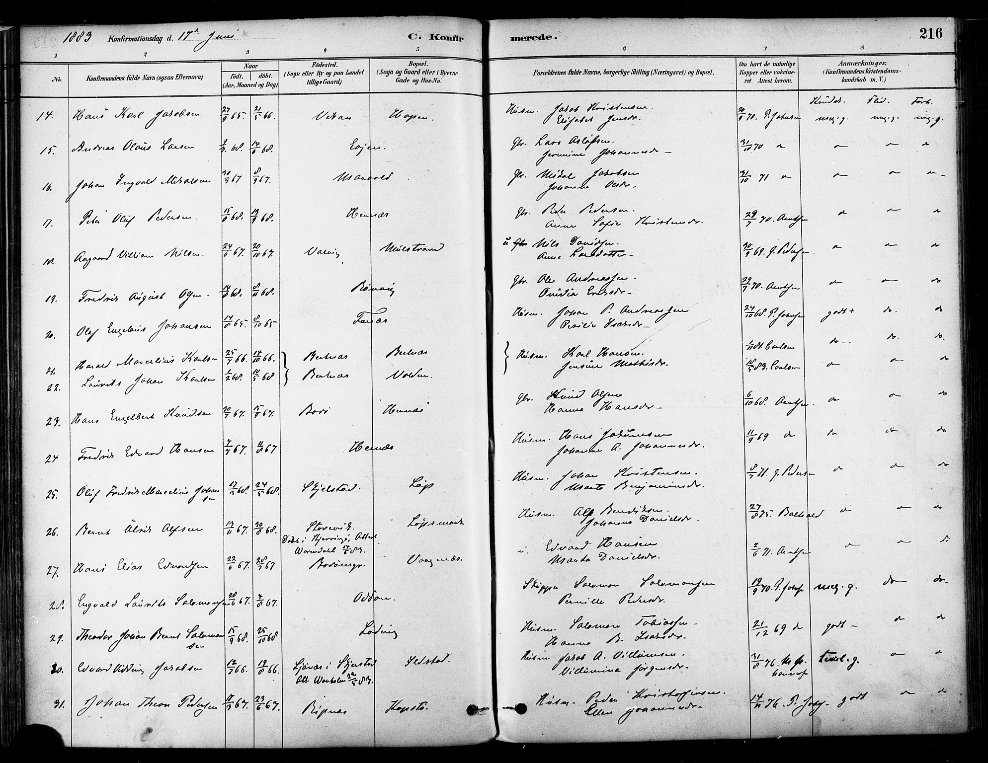 Ministerialprotokoller, klokkerbøker og fødselsregistre - Nordland, SAT/A-1459/802/L0054: Parish register (official) no. 802A01, 1879-1893, p. 216