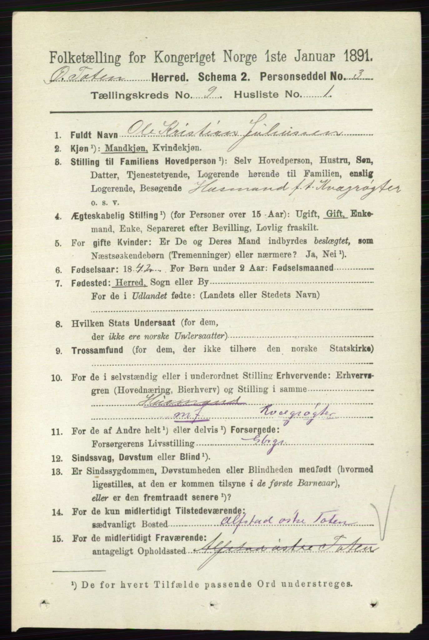 RA, 1891 census for 0528 Østre Toten, 1891, p. 5648