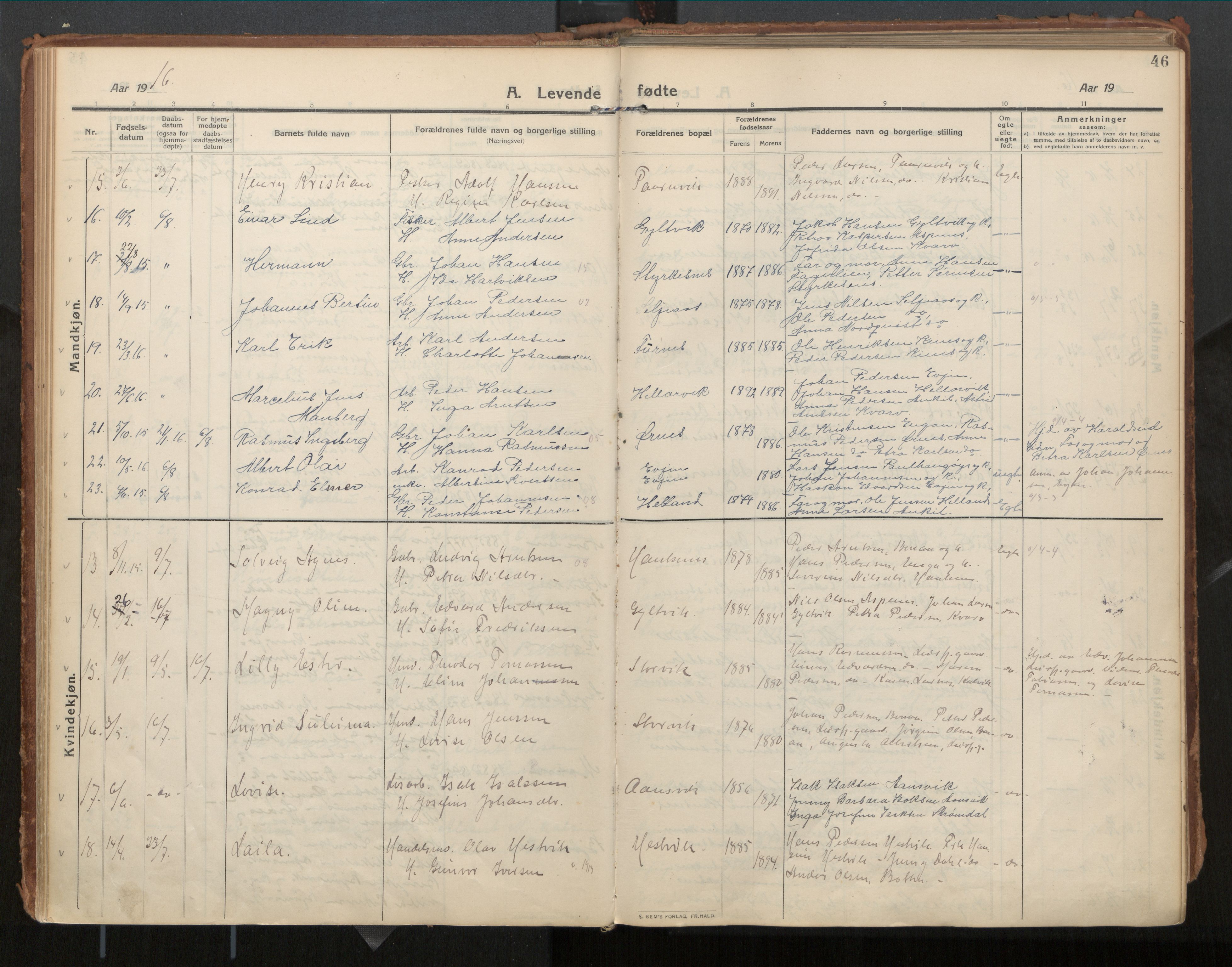 Ministerialprotokoller, klokkerbøker og fødselsregistre - Nordland, SAT/A-1459/854/L0784: Parish register (official) no. 854A07, 1910-1922, p. 46