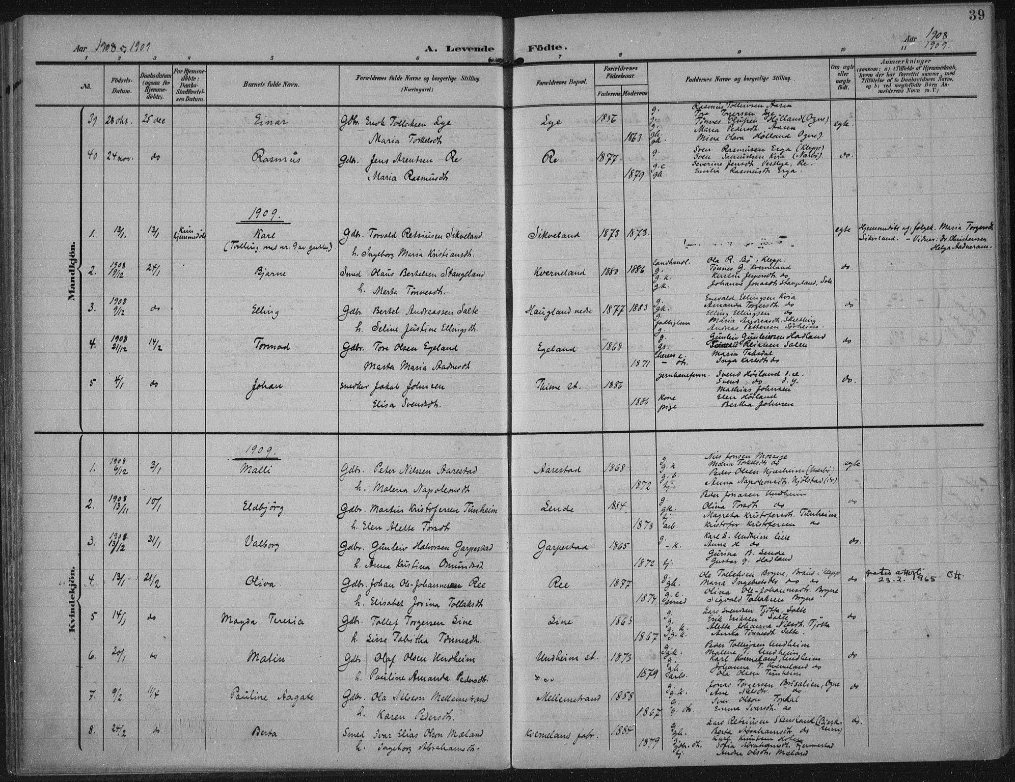 Lye sokneprestkontor, SAST/A-101794/002/A/L0001: Parish register (official) no. A 12, 1904-1920, p. 39