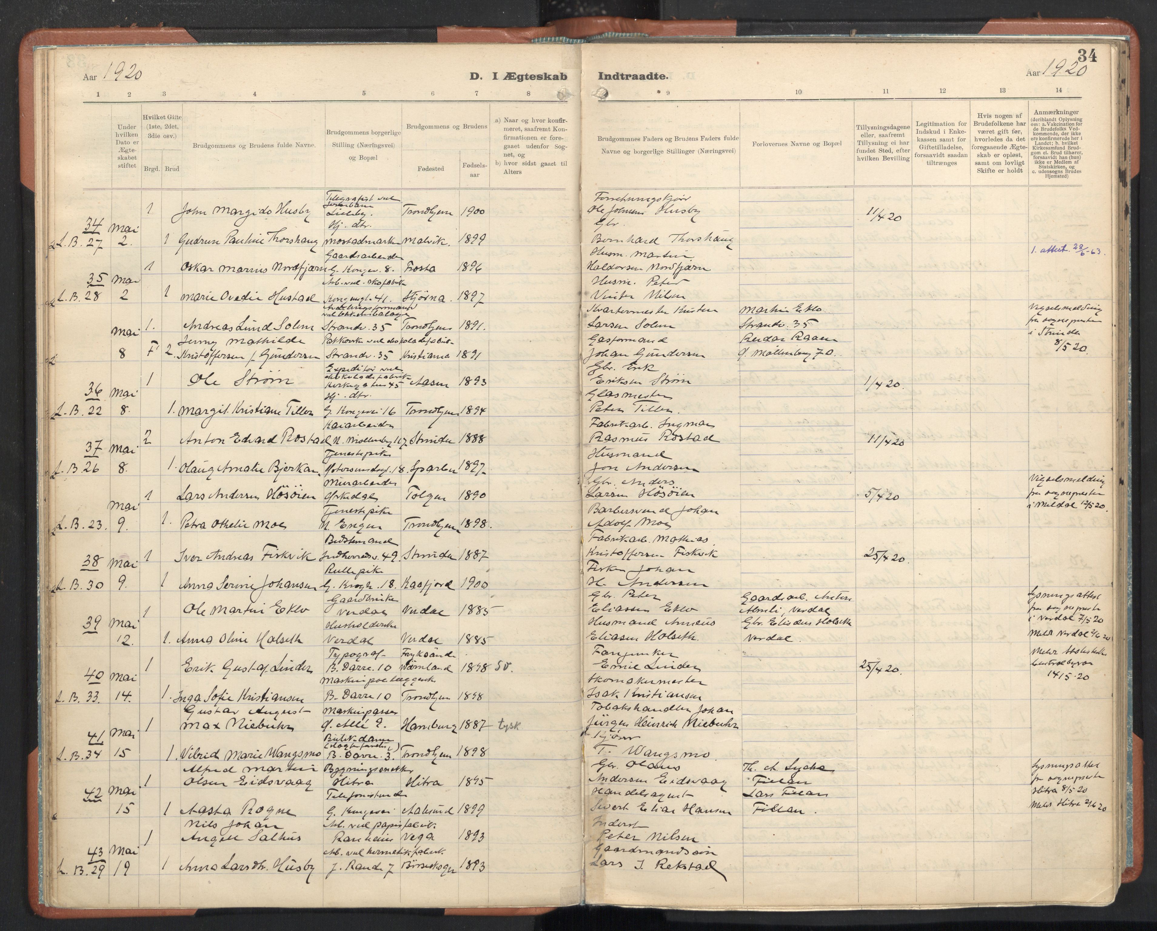 Ministerialprotokoller, klokkerbøker og fødselsregistre - Sør-Trøndelag, SAT/A-1456/605/L0245: Parish register (official) no. 605A07, 1916-1938, p. 34