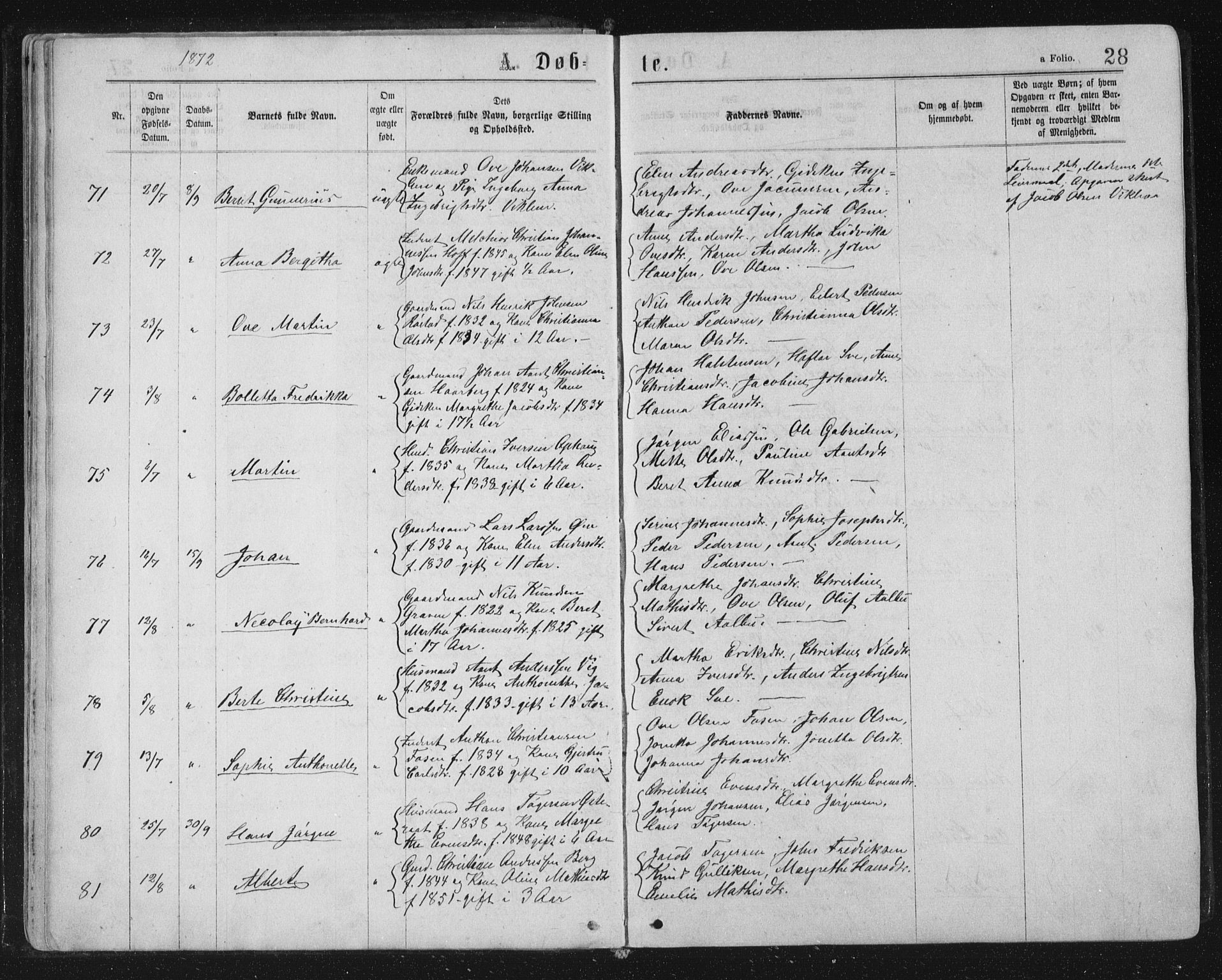 Ministerialprotokoller, klokkerbøker og fødselsregistre - Sør-Trøndelag, SAT/A-1456/659/L0745: Parish register (copy) no. 659C02, 1869-1892, p. 28