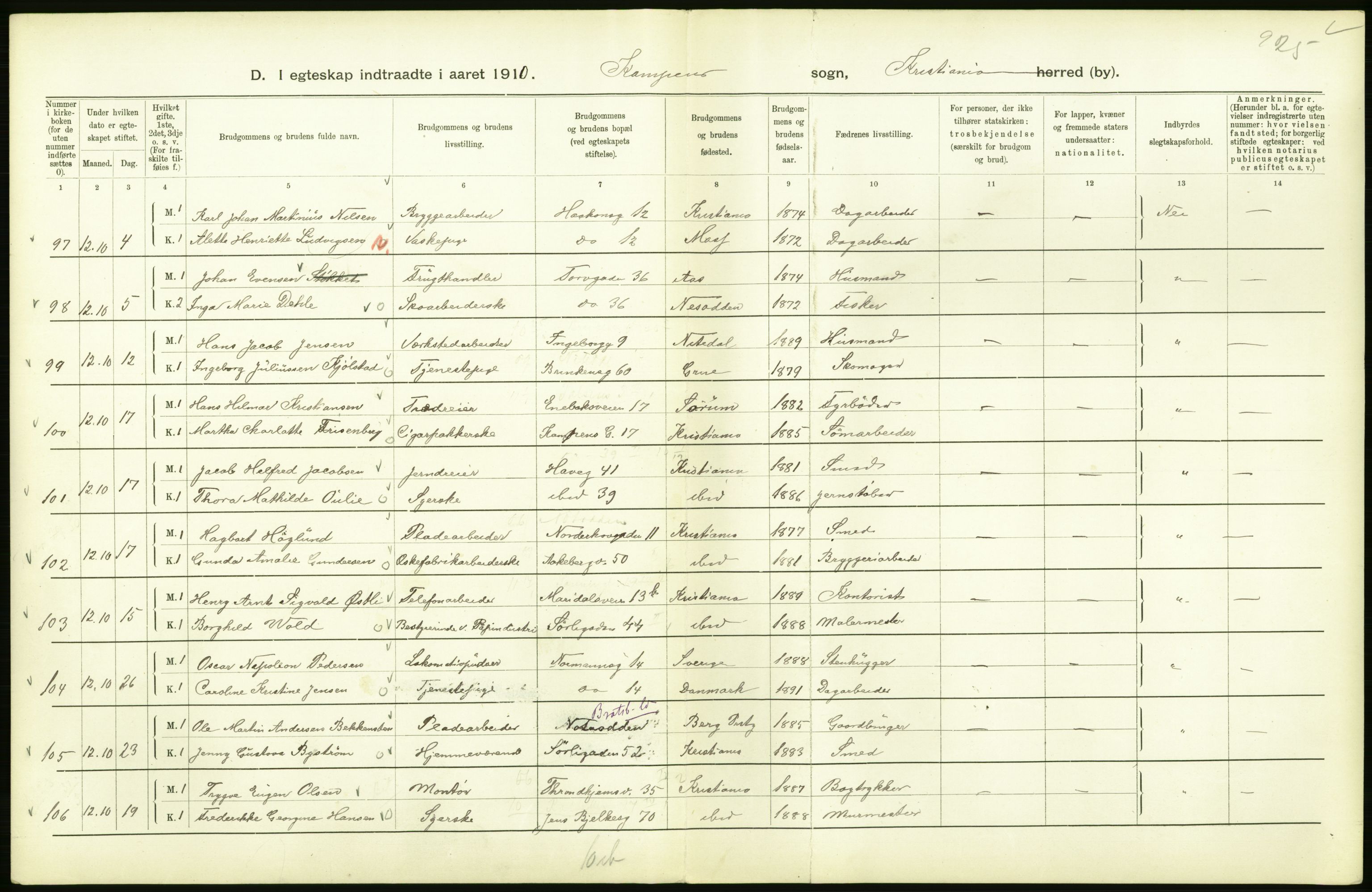 Statistisk sentralbyrå, Sosiodemografiske emner, Befolkning, AV/RA-S-2228/D/Df/Dfa/Dfah/L0009: Kristiania: Gifte og dødfødte., 1910, p. 132