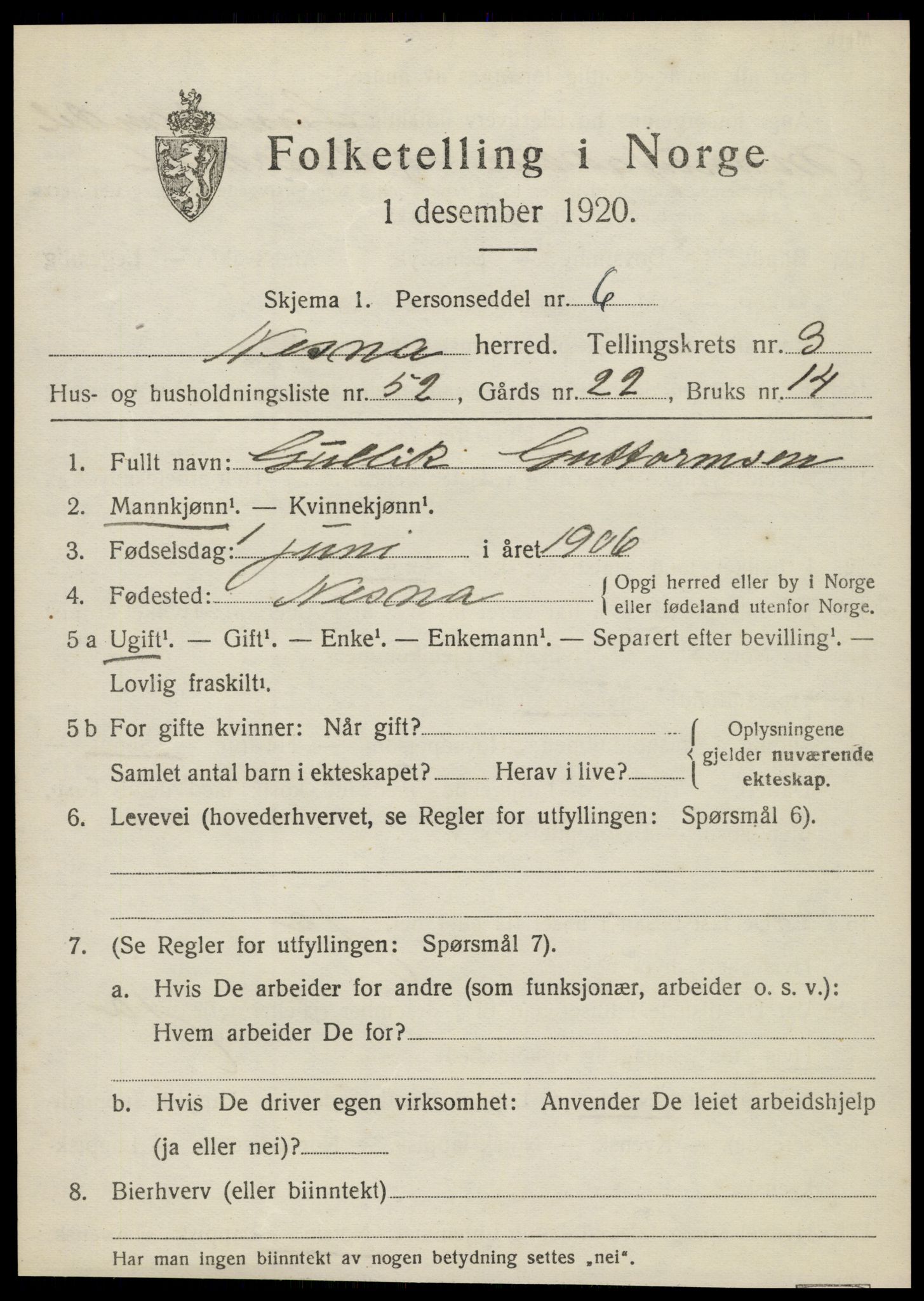 SAT, 1920 census for Nesna, 1920, p. 3229