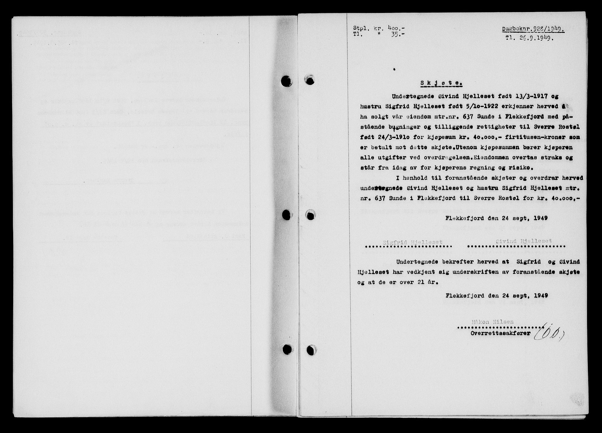 Flekkefjord sorenskriveri, SAK/1221-0001/G/Gb/Gba/L0065: Mortgage book no. A-13, 1949-1949, Diary no: : 928/1949