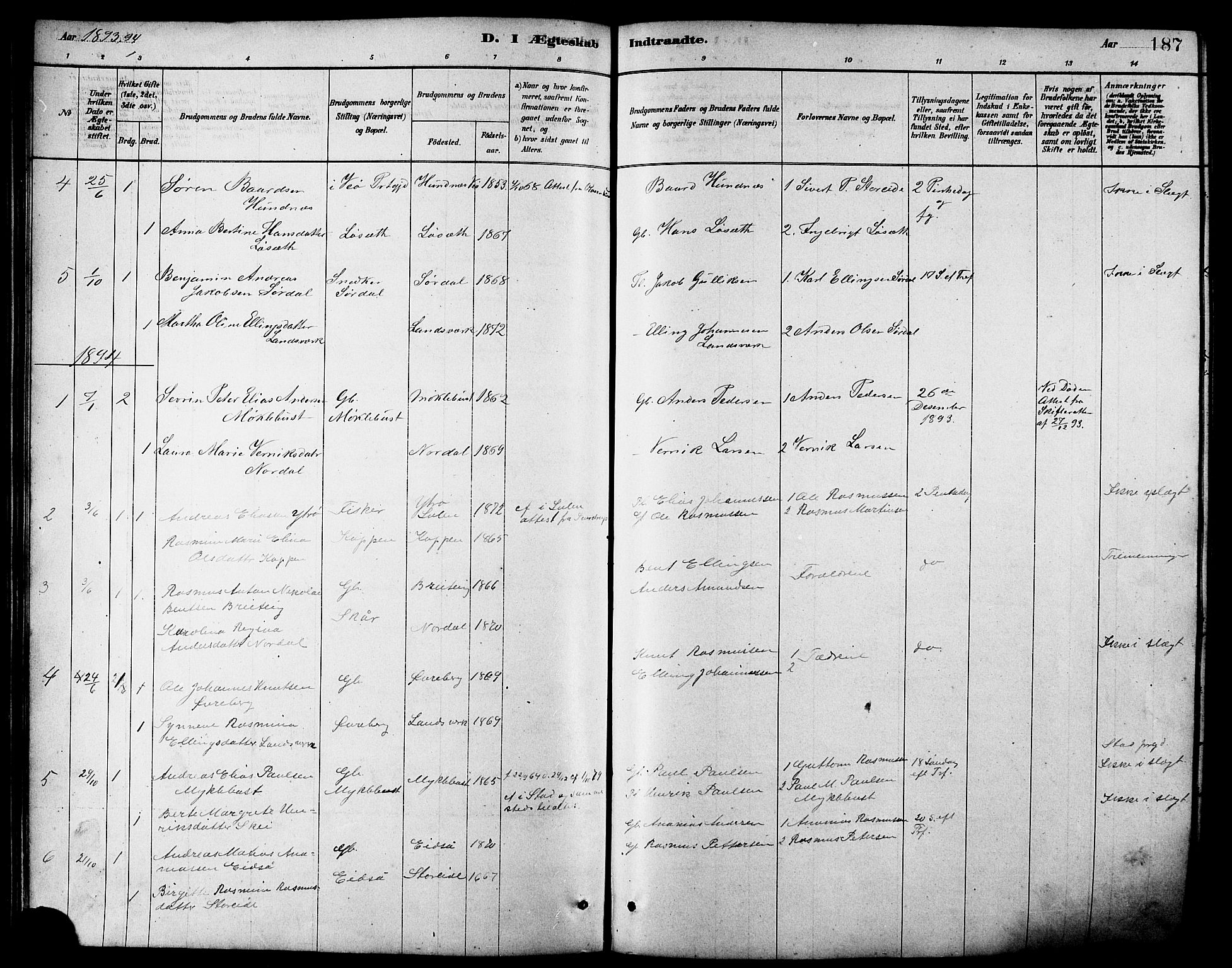 Ministerialprotokoller, klokkerbøker og fødselsregistre - Møre og Romsdal, AV/SAT-A-1454/502/L0027: Parish register (copy) no. 502C01, 1878-1908, p. 187