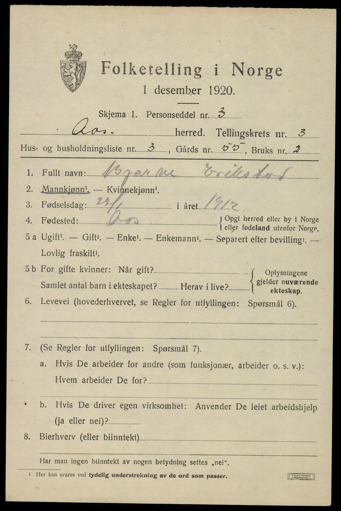 SAO, 1920 census for Ås, 1920, p. 3704