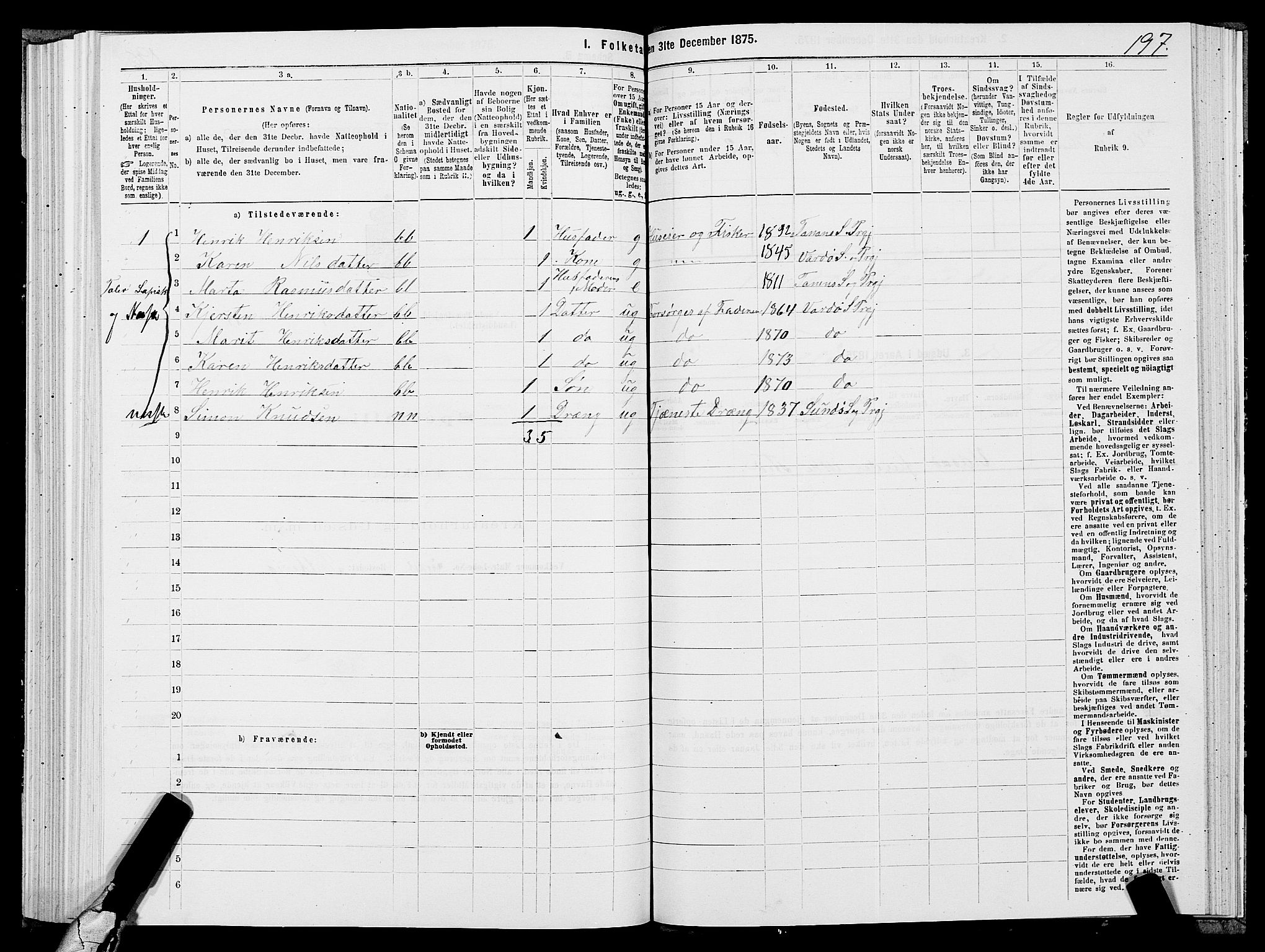 SATØ, 1875 census for 2028L Vardø/Vardø, 1875, p. 1197