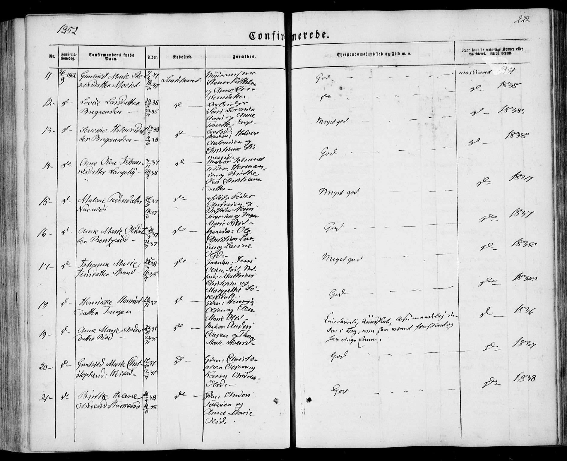 Sandar kirkebøker, SAKO/A-243/F/Fa/L0006: Parish register (official) no. 6, 1847-1860, p. 222