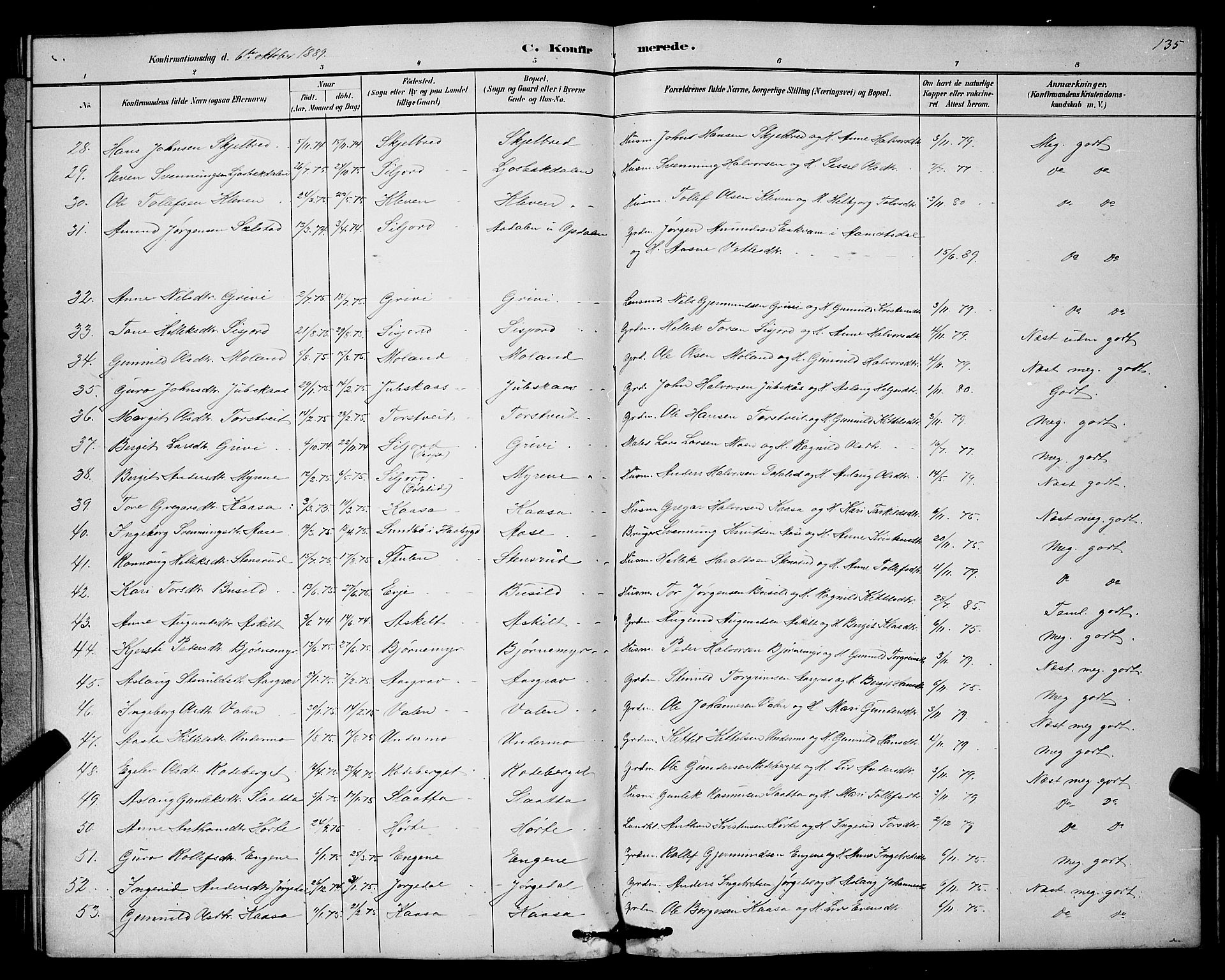 Bø kirkebøker, SAKO/A-257/G/Ga/L0005: Parish register (copy) no. 5, 1883-1897, p. 135