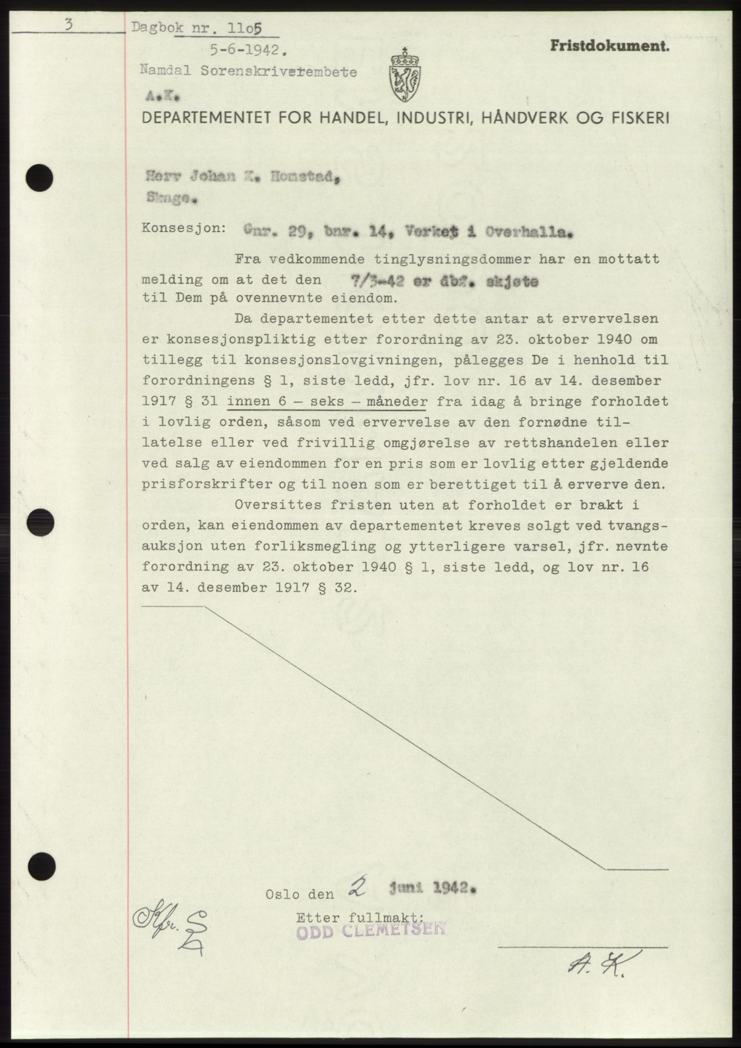 Namdal sorenskriveri, SAT/A-4133/1/2/2C: Mortgage book no. -, 1941-1942, Diary no: : 1105/1942