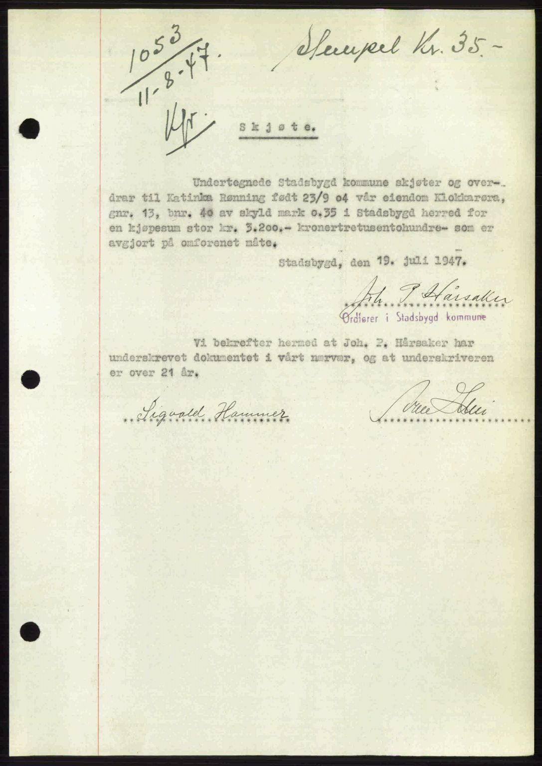 Fosen sorenskriveri, AV/SAT-A-1107/1/2/2C: Mortgage book no. A4-6, 1946-1947, Diary no: : 1053/1947