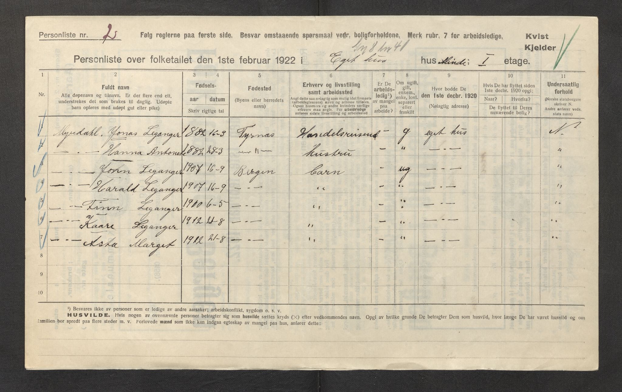 SAB, Municipal Census 1922 for Bergen, 1922, p. 59512