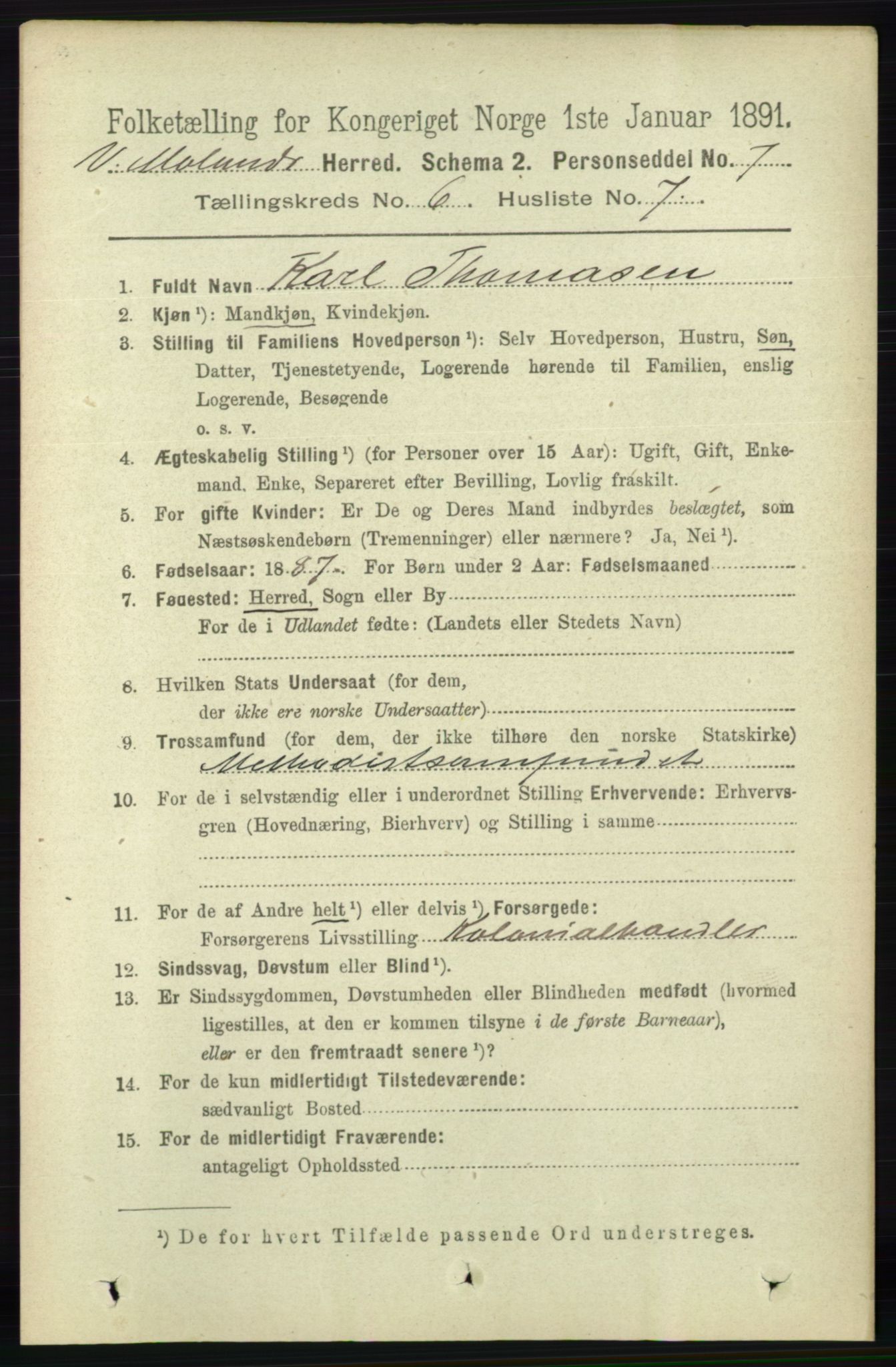 RA, 1891 census for 0926 Vestre Moland, 1891, p. 2382