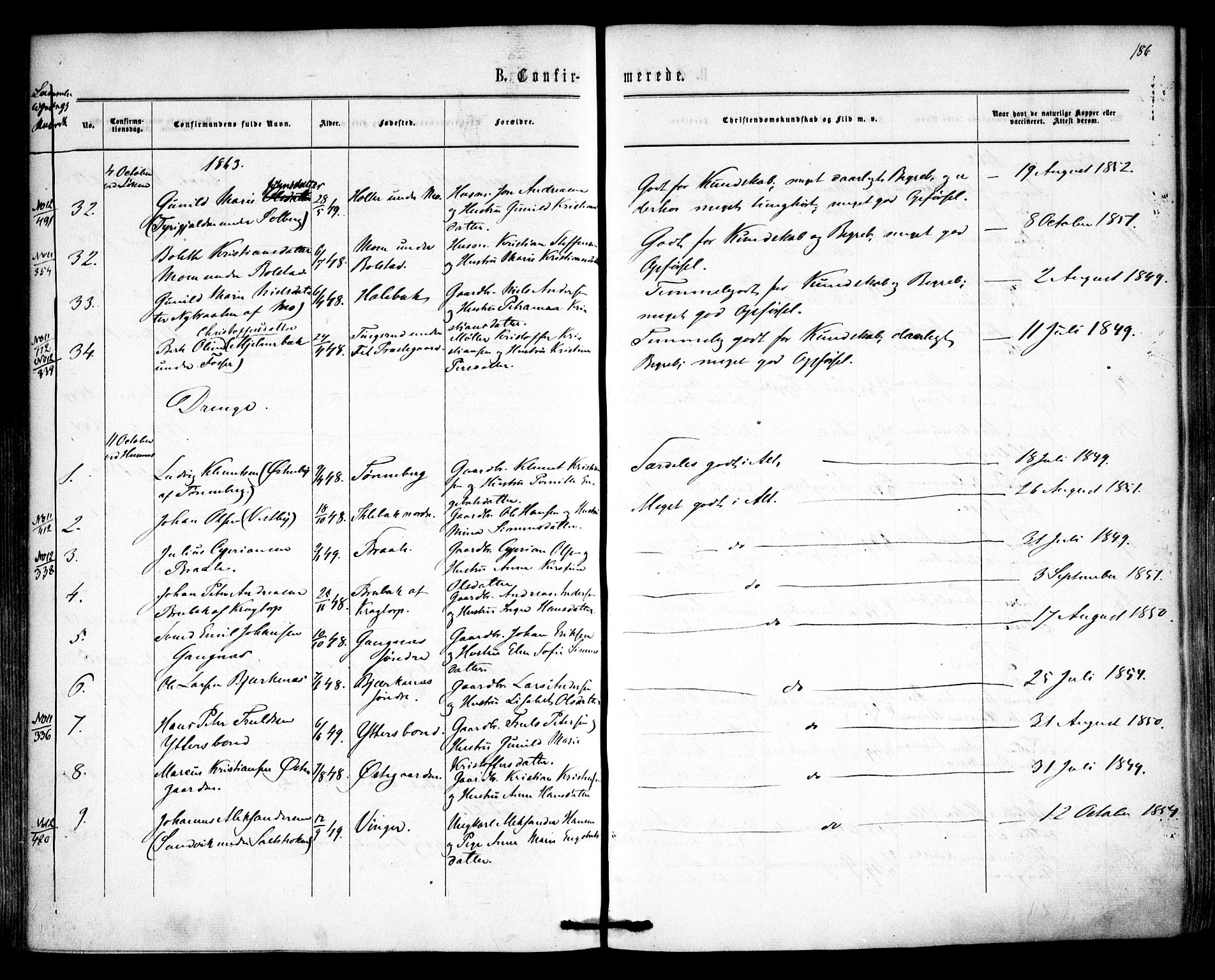 Høland prestekontor Kirkebøker, AV/SAO-A-10346a/F/Fa/L0011: Parish register (official) no. I 11, 1862-1869, p. 186