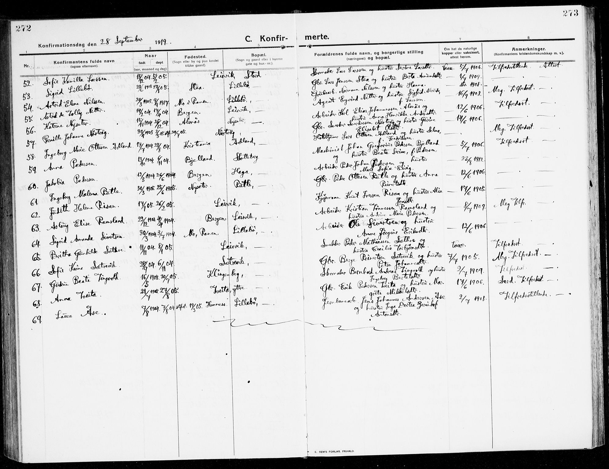 Stord sokneprestembete, AV/SAB-A-78201/H/Haa: Parish register (official) no. B 3, 1913-1925, p. 272-273