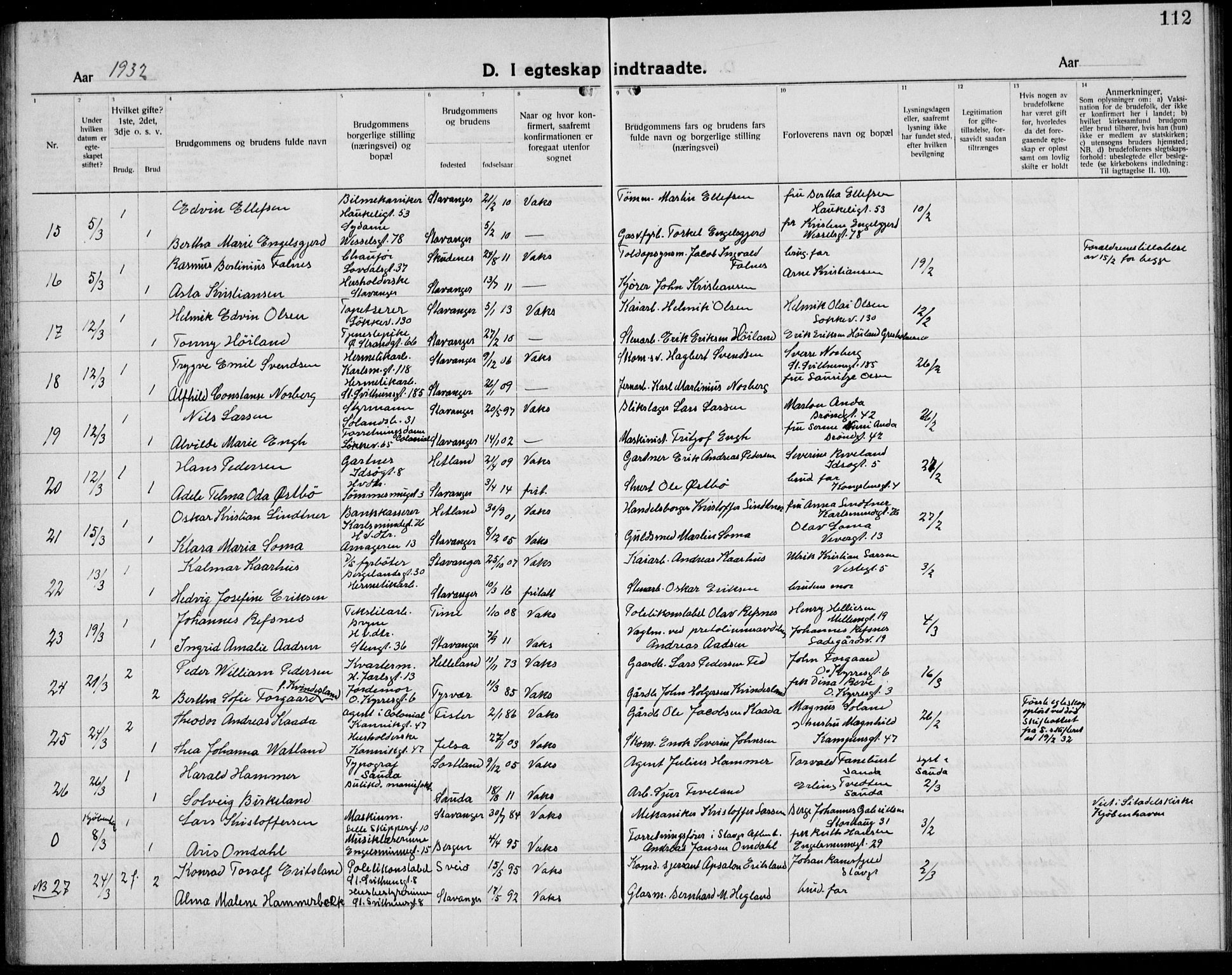 Domkirken sokneprestkontor, AV/SAST-A-101812/001/30/30BB/L0020: Parish register (copy) no. B 20, 1921-1937, p. 112