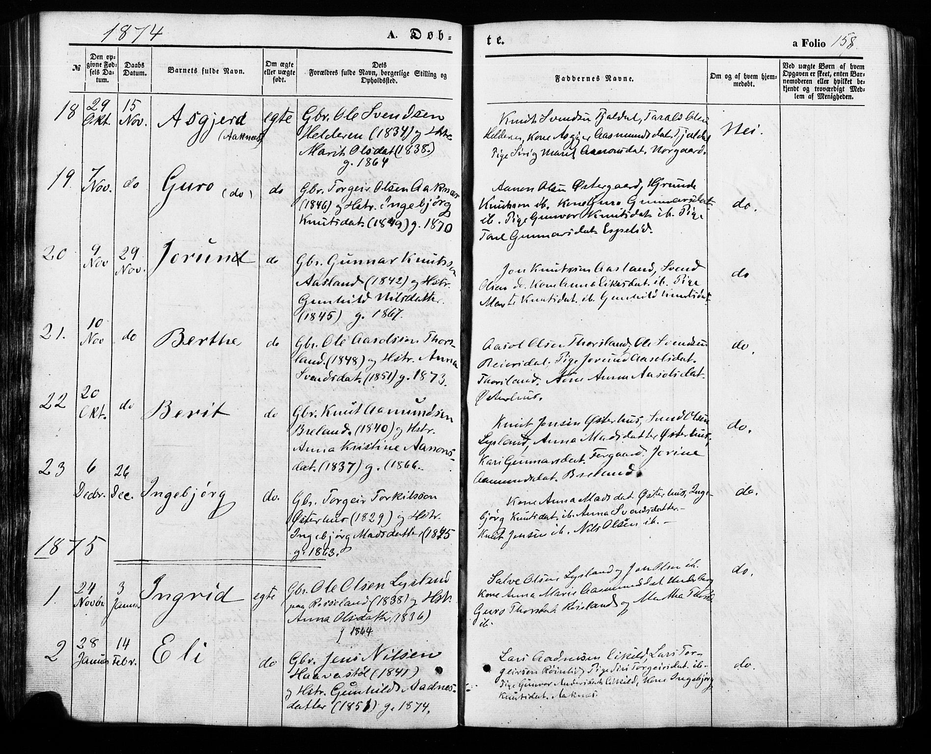 Åseral sokneprestkontor, SAK/1111-0051/F/Fa/L0002: Parish register (official) no. A 2, 1854-1884, p. 158
