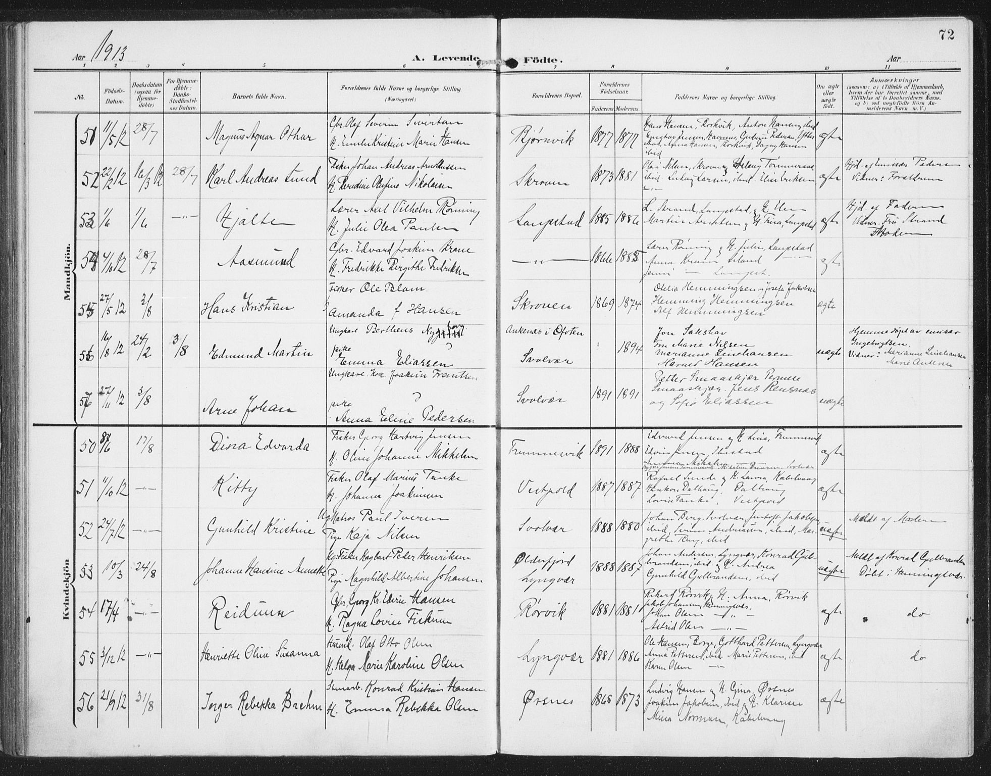 Ministerialprotokoller, klokkerbøker og fødselsregistre - Nordland, SAT/A-1459/874/L1063: Parish register (official) no. 874A07, 1907-1915, p. 72