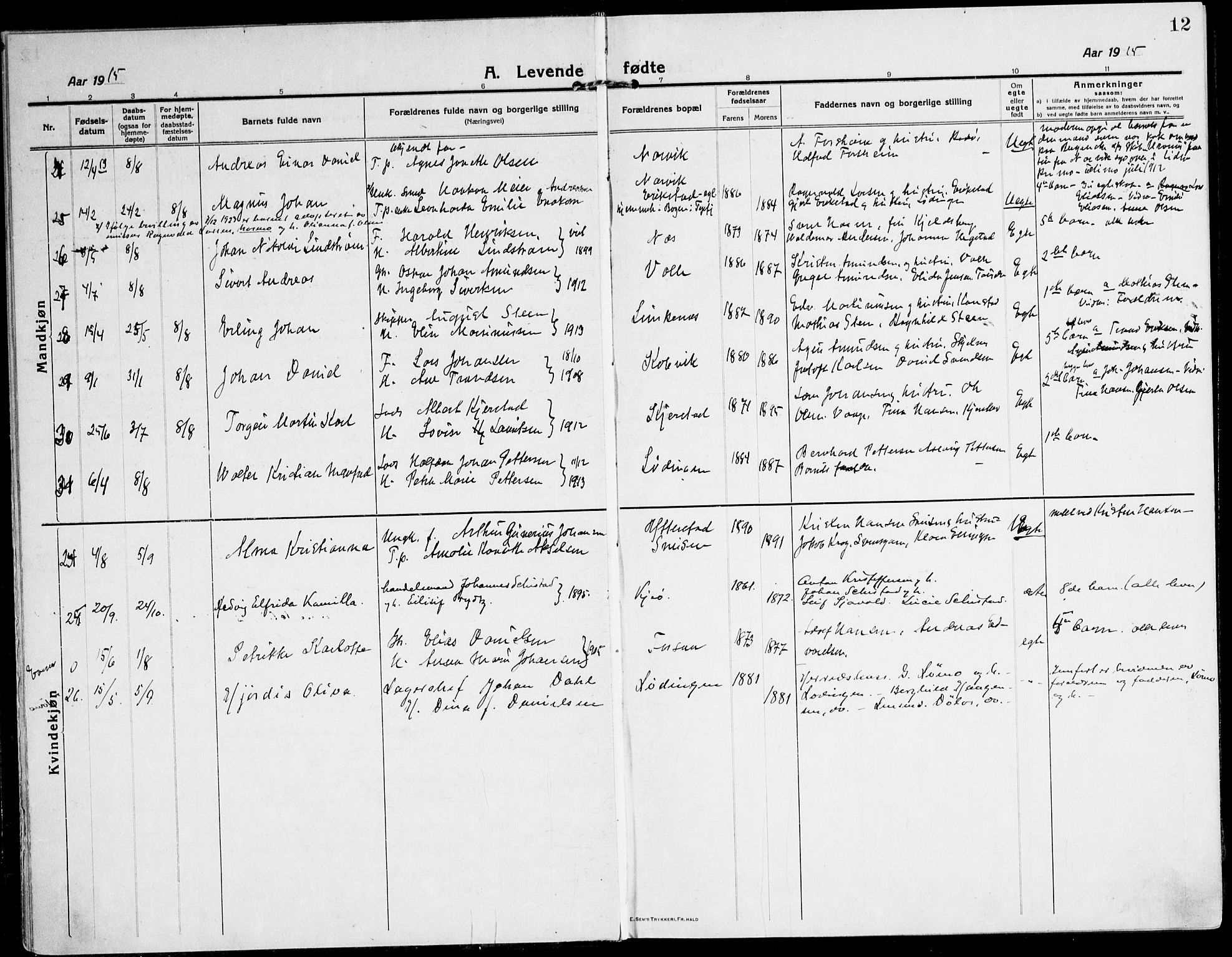 Ministerialprotokoller, klokkerbøker og fødselsregistre - Nordland, AV/SAT-A-1459/872/L1037: Parish register (official) no. 872A12, 1914-1925, p. 12