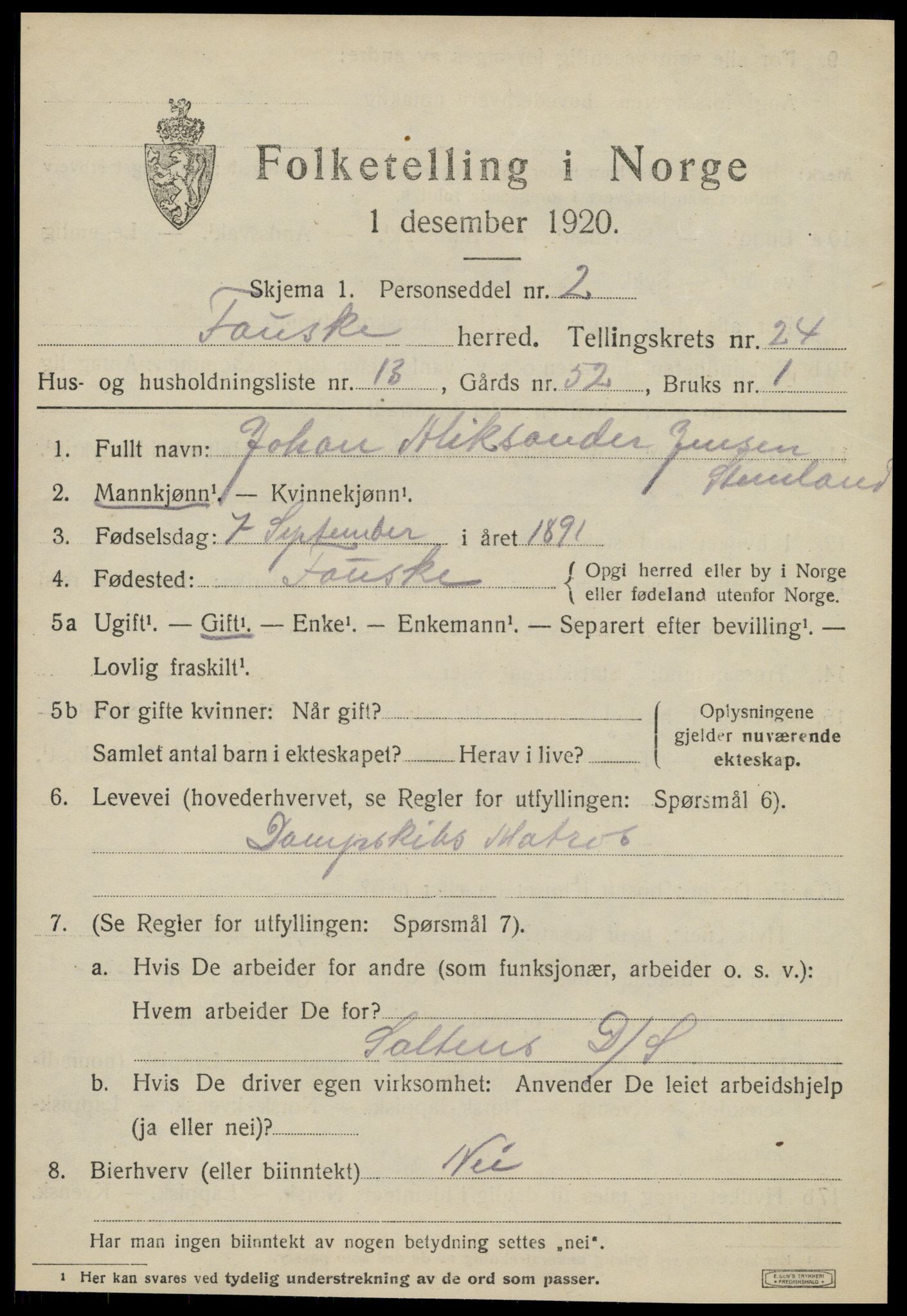 SAT, 1920 census for Fauske, 1920, p. 14912