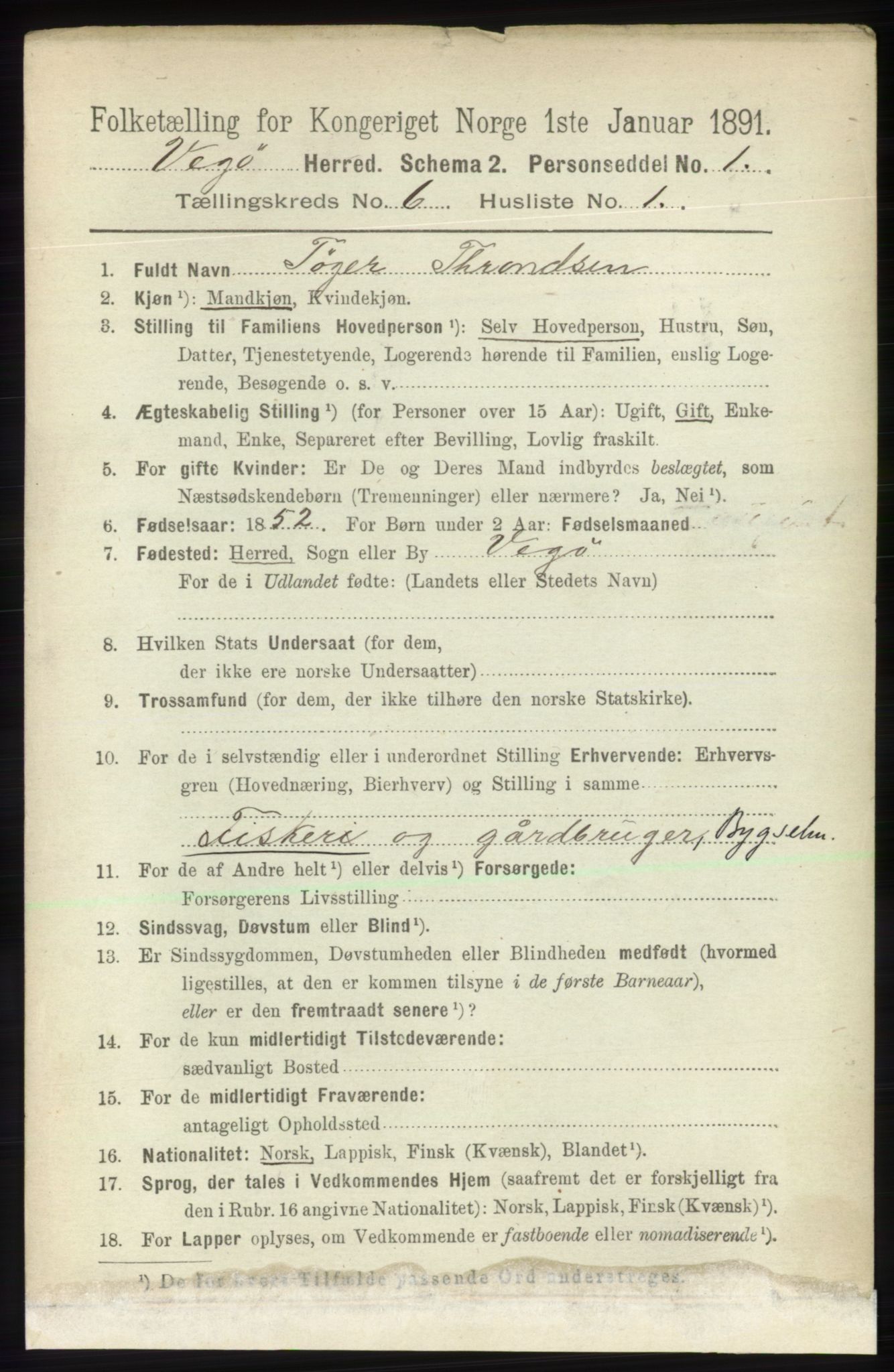 RA, 1891 census for 1815 Vega, 1891, p. 2564