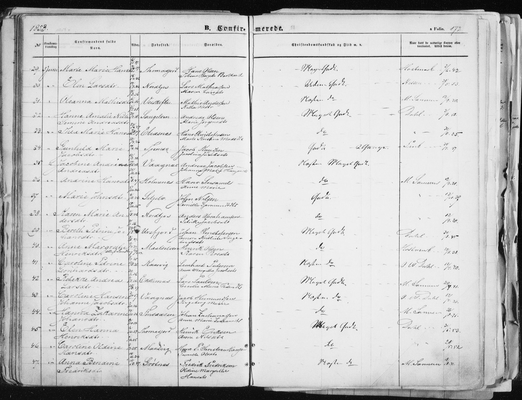 Tromsø sokneprestkontor/stiftsprosti/domprosti, SATØ/S-1343/G/Ga/L0010kirke: Parish register (official) no. 10, 1848-1855, p. 172