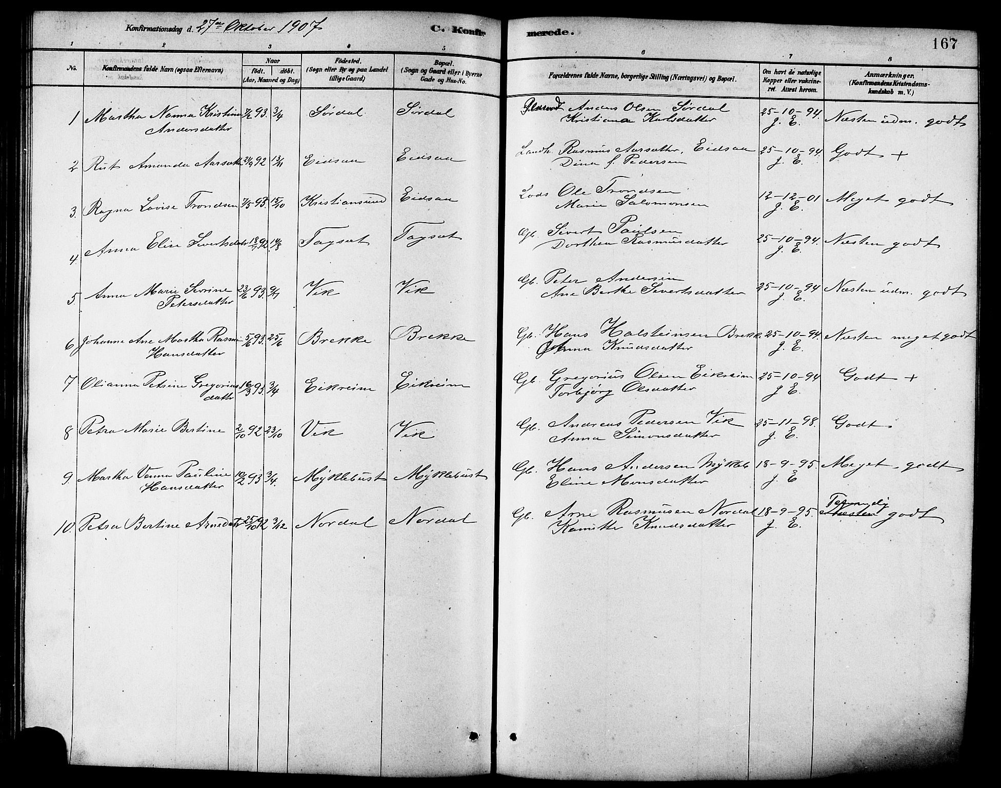 Ministerialprotokoller, klokkerbøker og fødselsregistre - Møre og Romsdal, AV/SAT-A-1454/502/L0027: Parish register (copy) no. 502C01, 1878-1908, p. 167