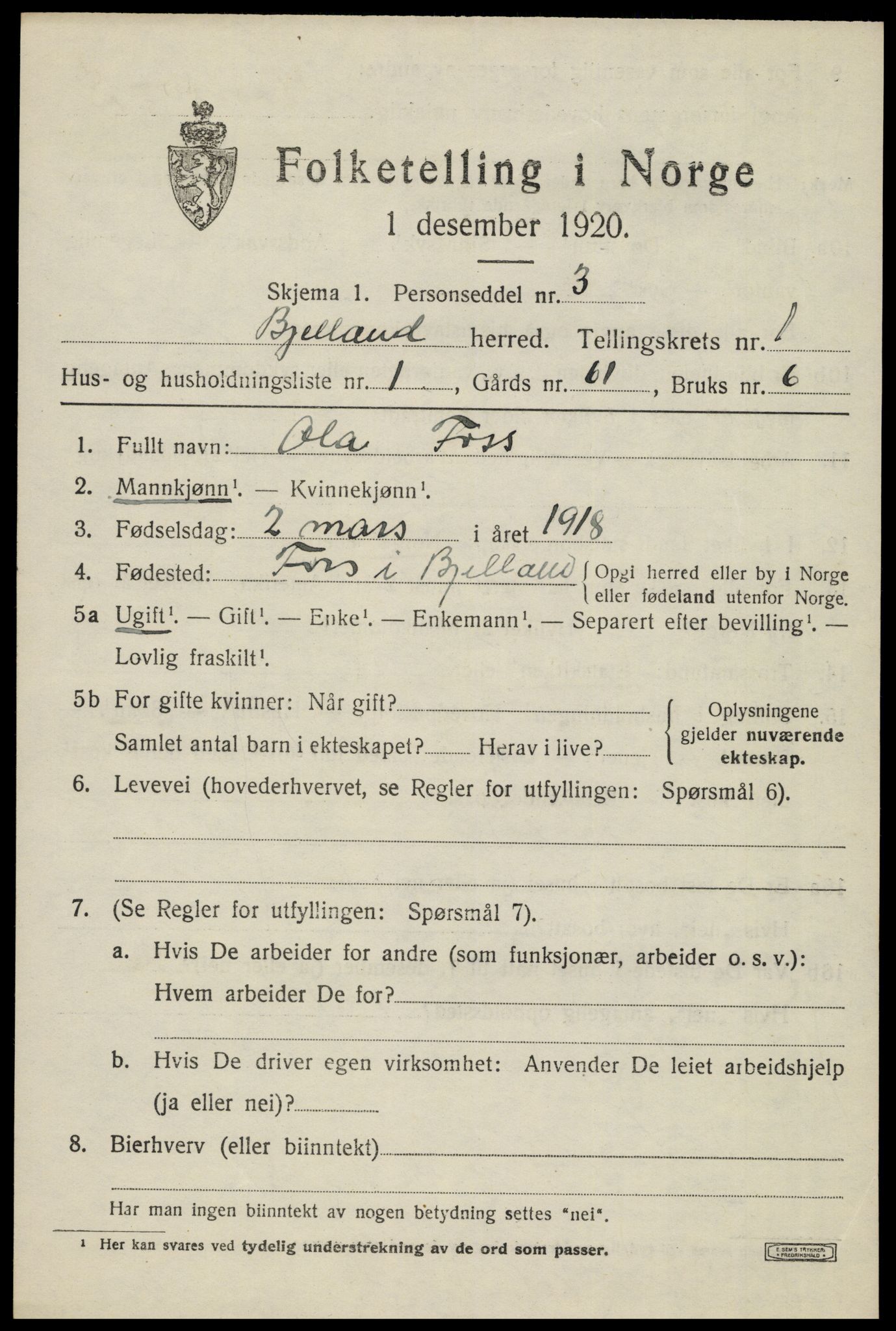 SAK, 1920 census for Bjelland, 1920, p. 421