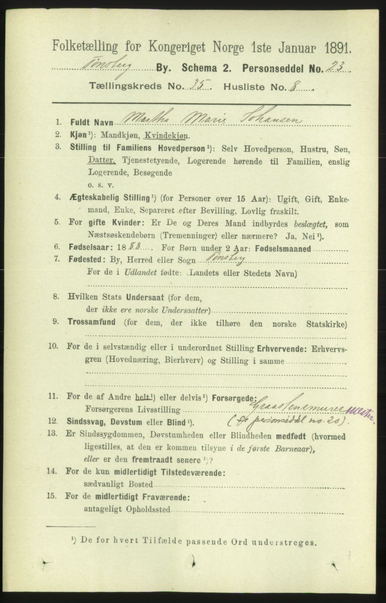 RA, 1891 census for 0705 Tønsberg, 1891, p. 7848