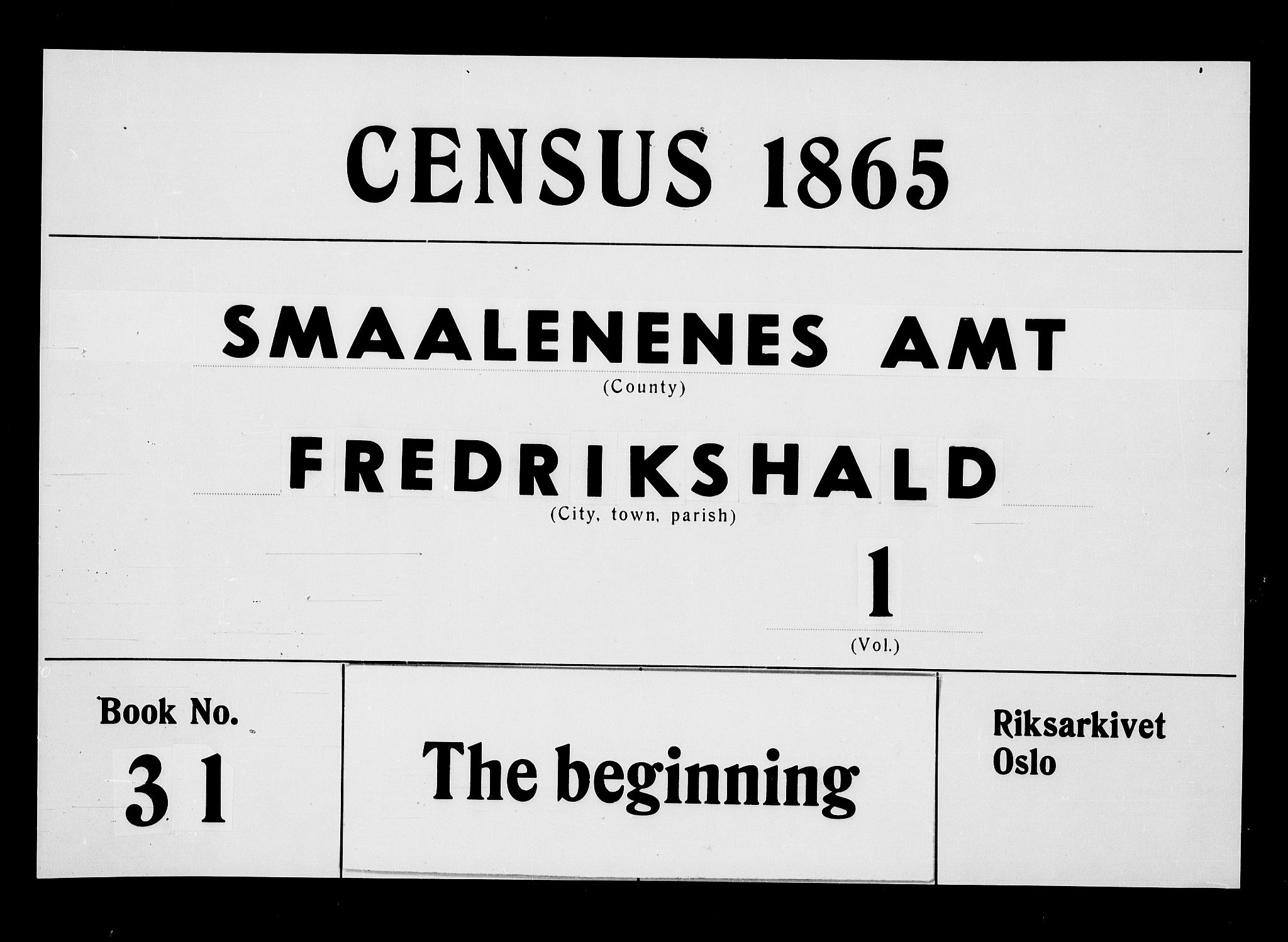 RA, 1865 census for Fredrikshald, 1865, p. 1