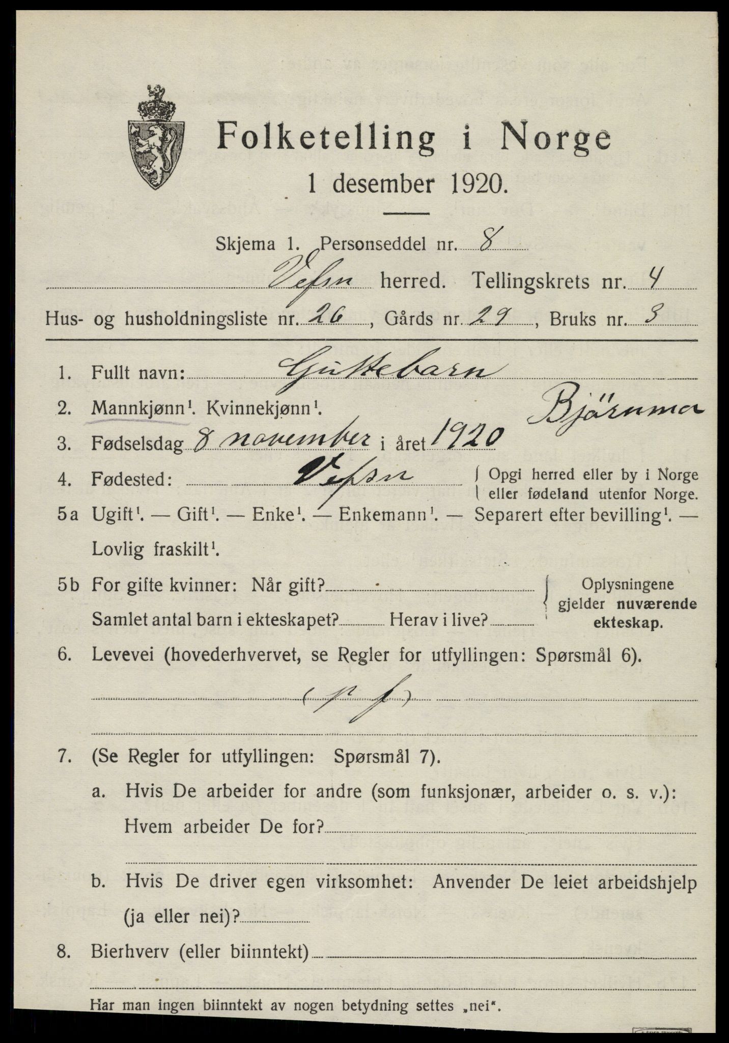 SAT, 1920 census for Vefsn, 1920, p. 3169