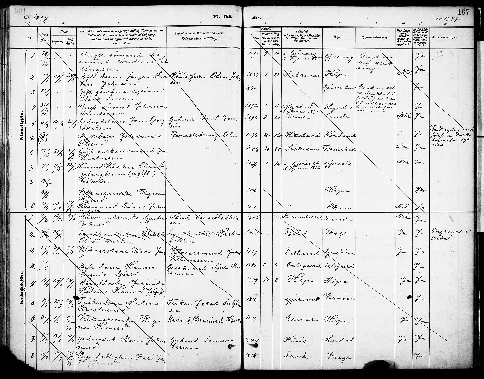 Tysnes sokneprestembete, SAB/A-78601/H/Haa: Parish register (official) no. B 1, 1887-1906, p. 167
