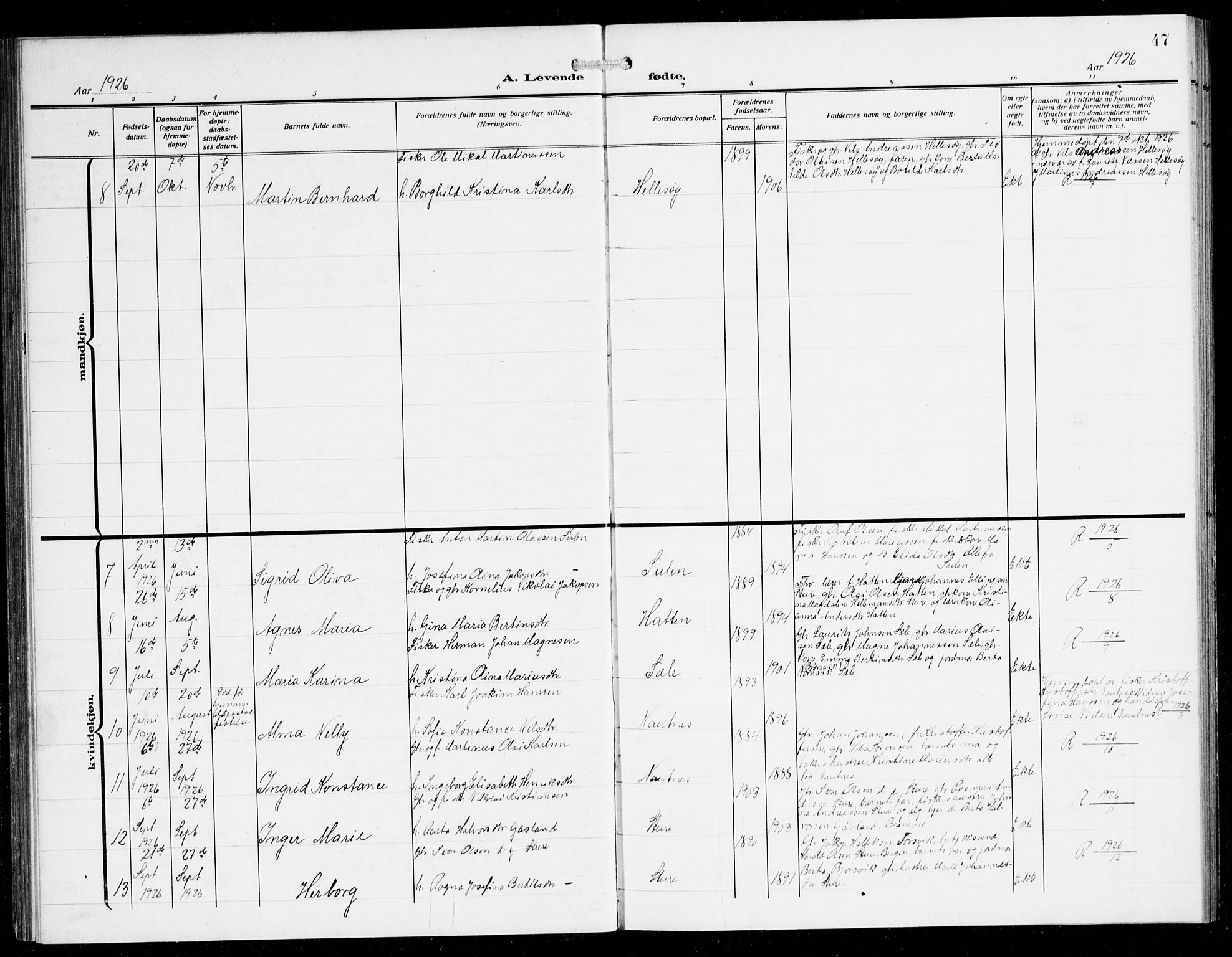 Herdla Sokneprestembete, AV/SAB-A-75701/H/Hab: Parish register (copy) no. B 1, 1909-1929, p. 47