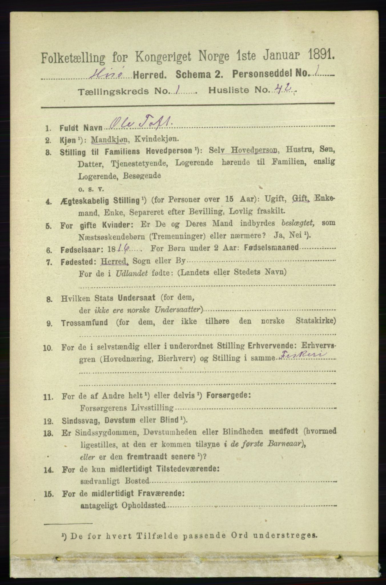 RA, 1891 census for 0922 Hisøy, 1891, p. 346