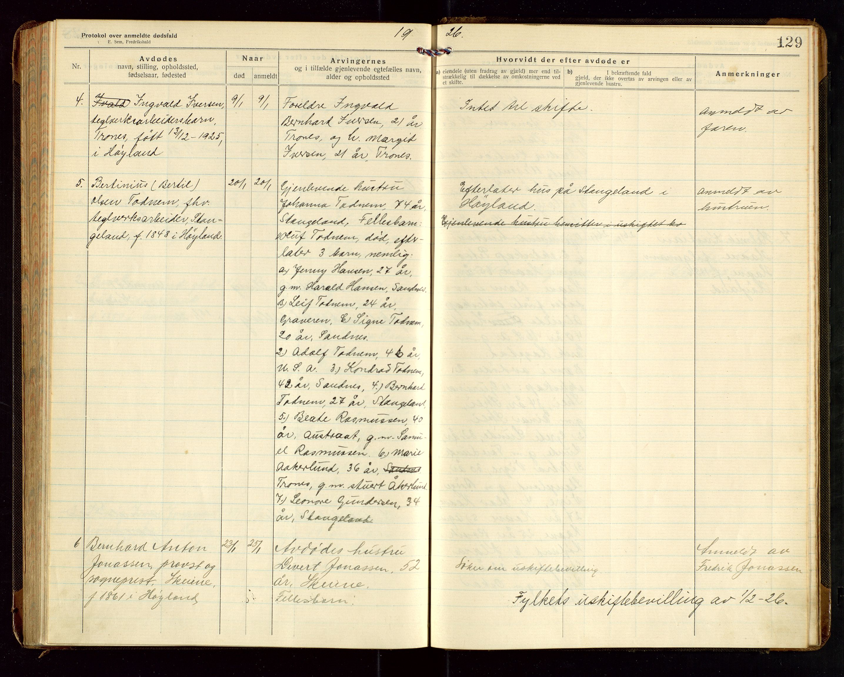 Høyland/Sandnes lensmannskontor, AV/SAST-A-100166/Gga/L0005: "Protkokol over anmeldte dødsfald i Høylands lensmandsdistrikt", 1920-1926, p. 129