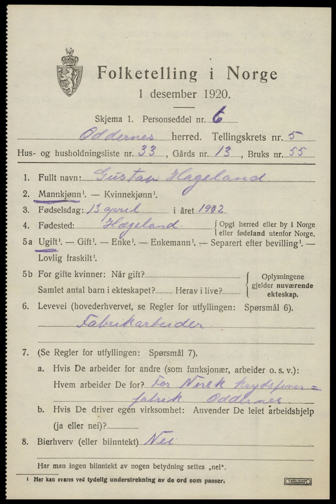 SAK, 1920 census for Oddernes, 1920, p. 4655