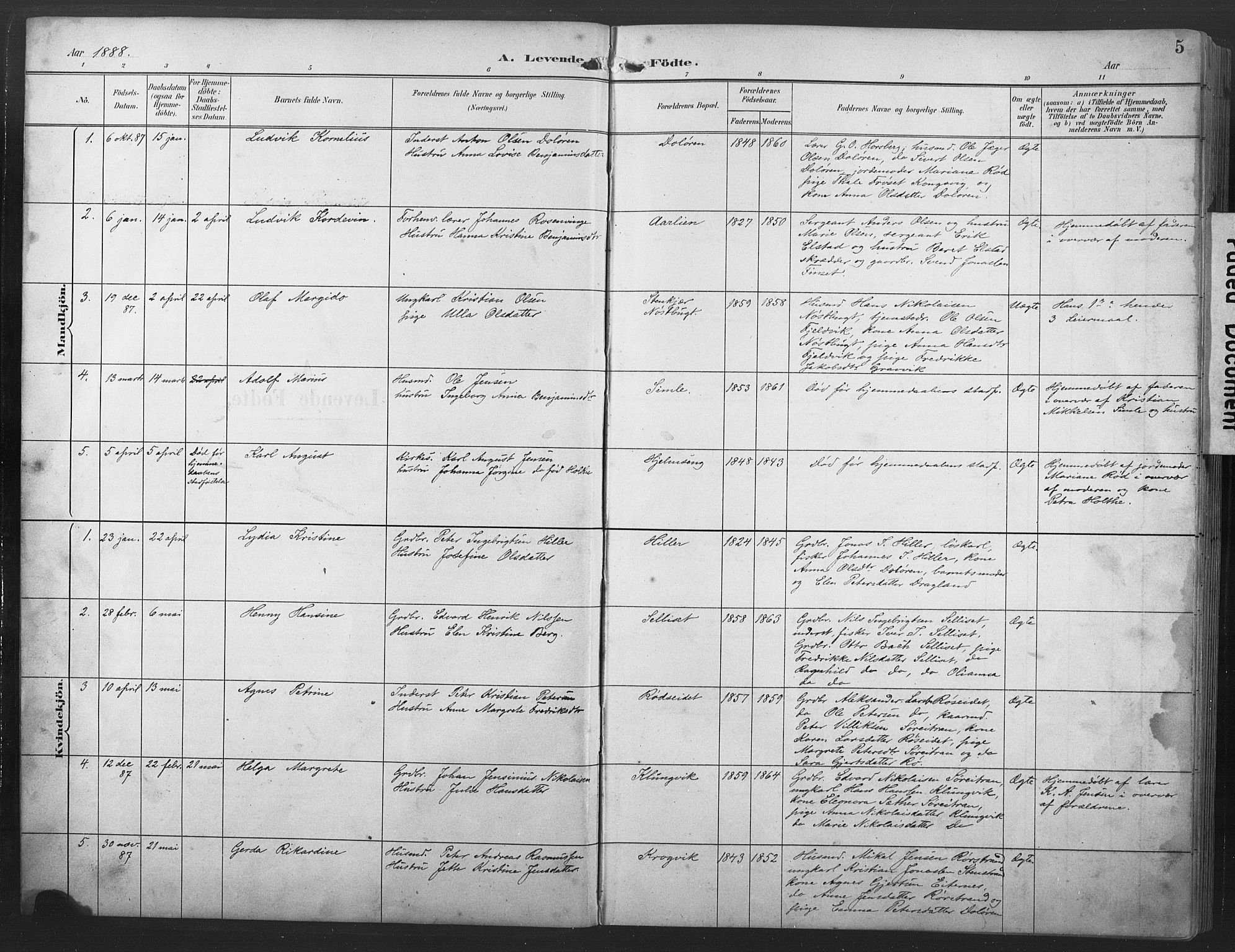 Ministerialprotokoller, klokkerbøker og fødselsregistre - Nord-Trøndelag, SAT/A-1458/789/L0706: Parish register (copy) no. 789C01, 1888-1931, p. 5