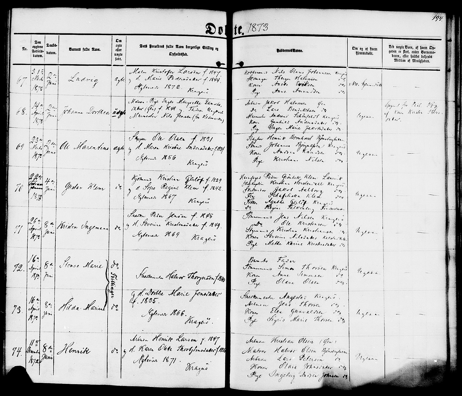 Kragerø kirkebøker, SAKO/A-278/F/Fa/L0007: Parish register (official) no. 7, 1861-1875, p. 194