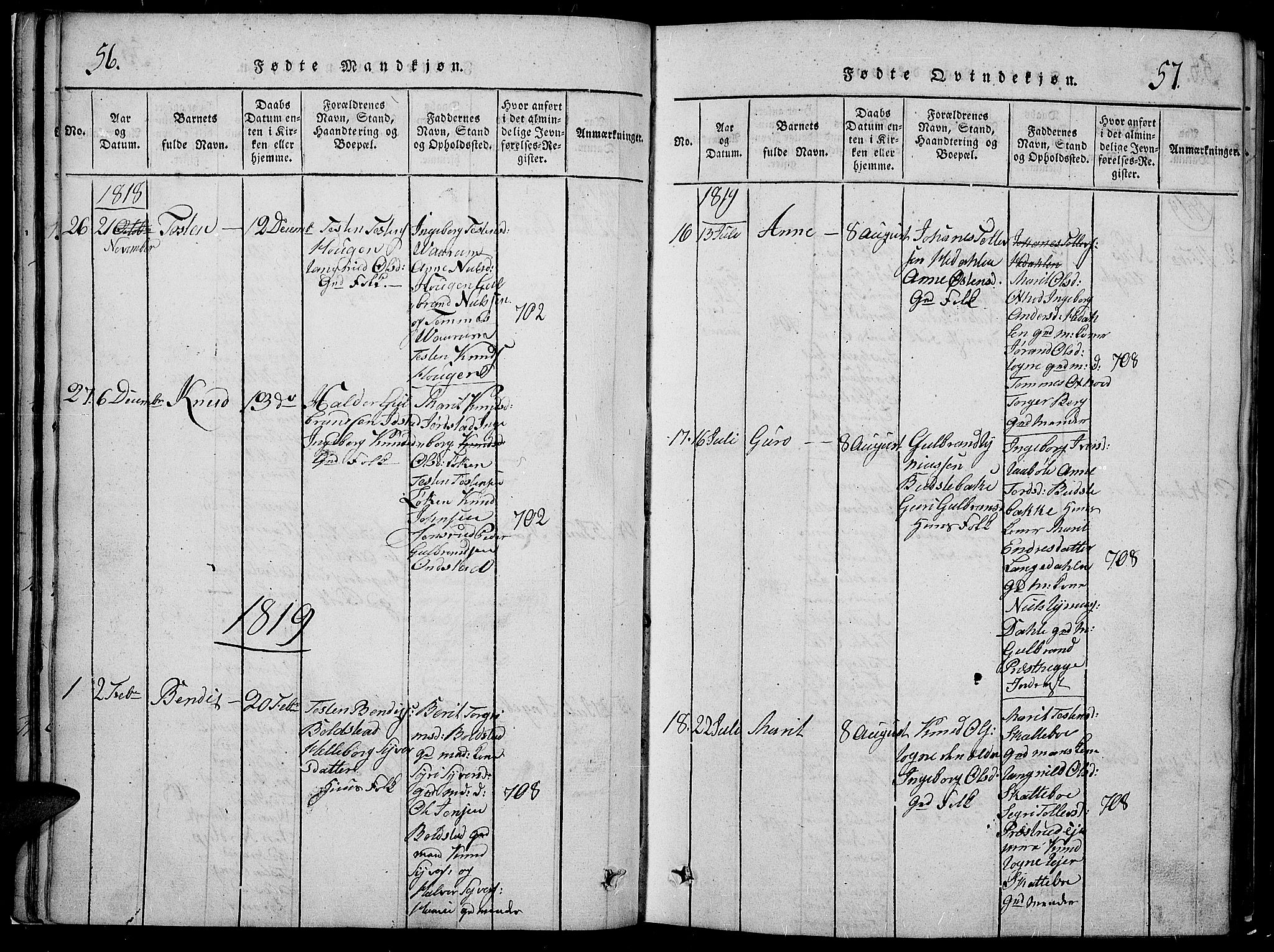 Slidre prestekontor, SAH/PREST-134/H/Ha/Hab/L0002: Parish register (copy) no. 2, 1814-1839, p. 56-57