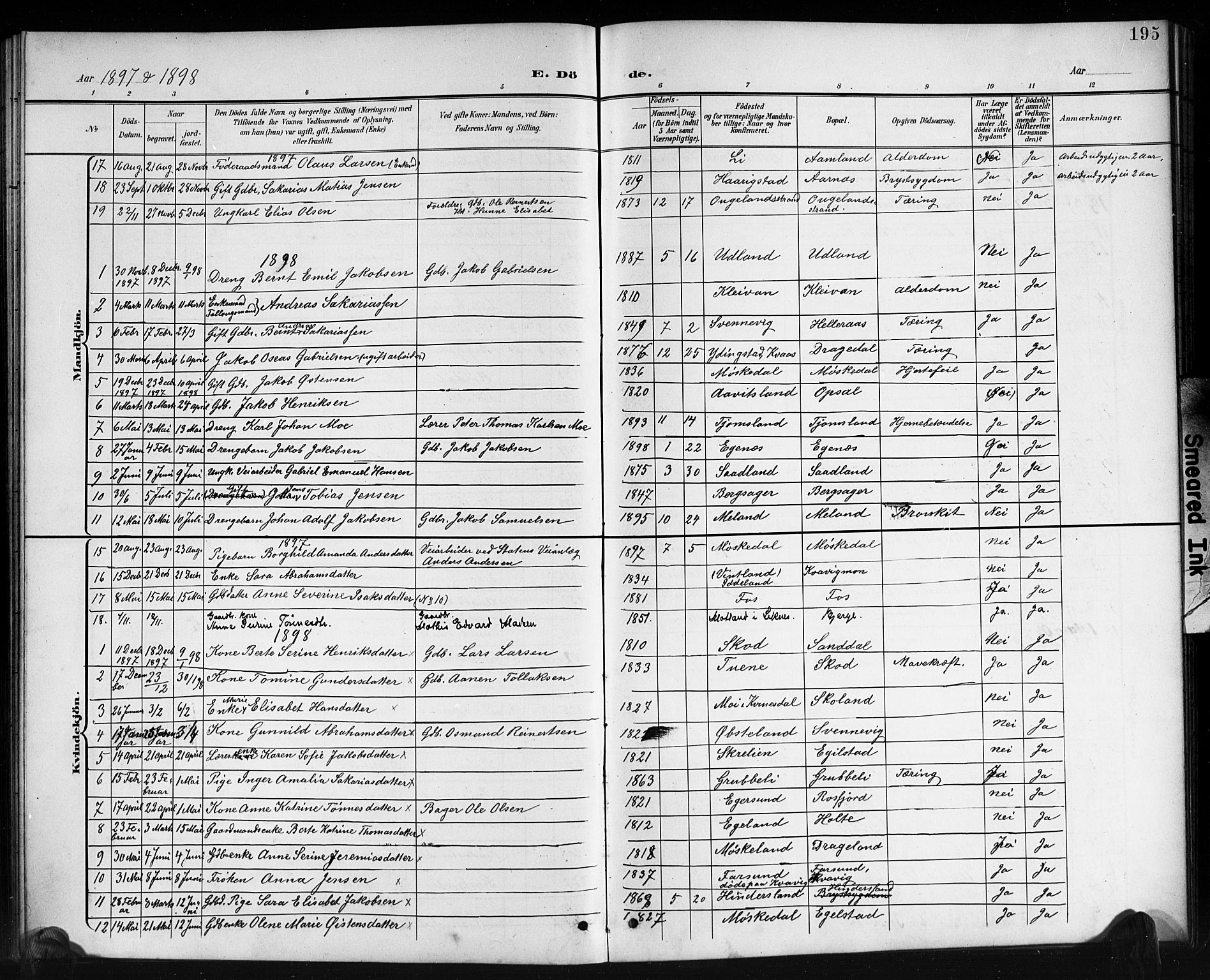 Lyngdal sokneprestkontor, SAK/1111-0029/F/Fb/Fbc/L0005: Parish register (copy) no. B 5, 1897-1913, p. 195