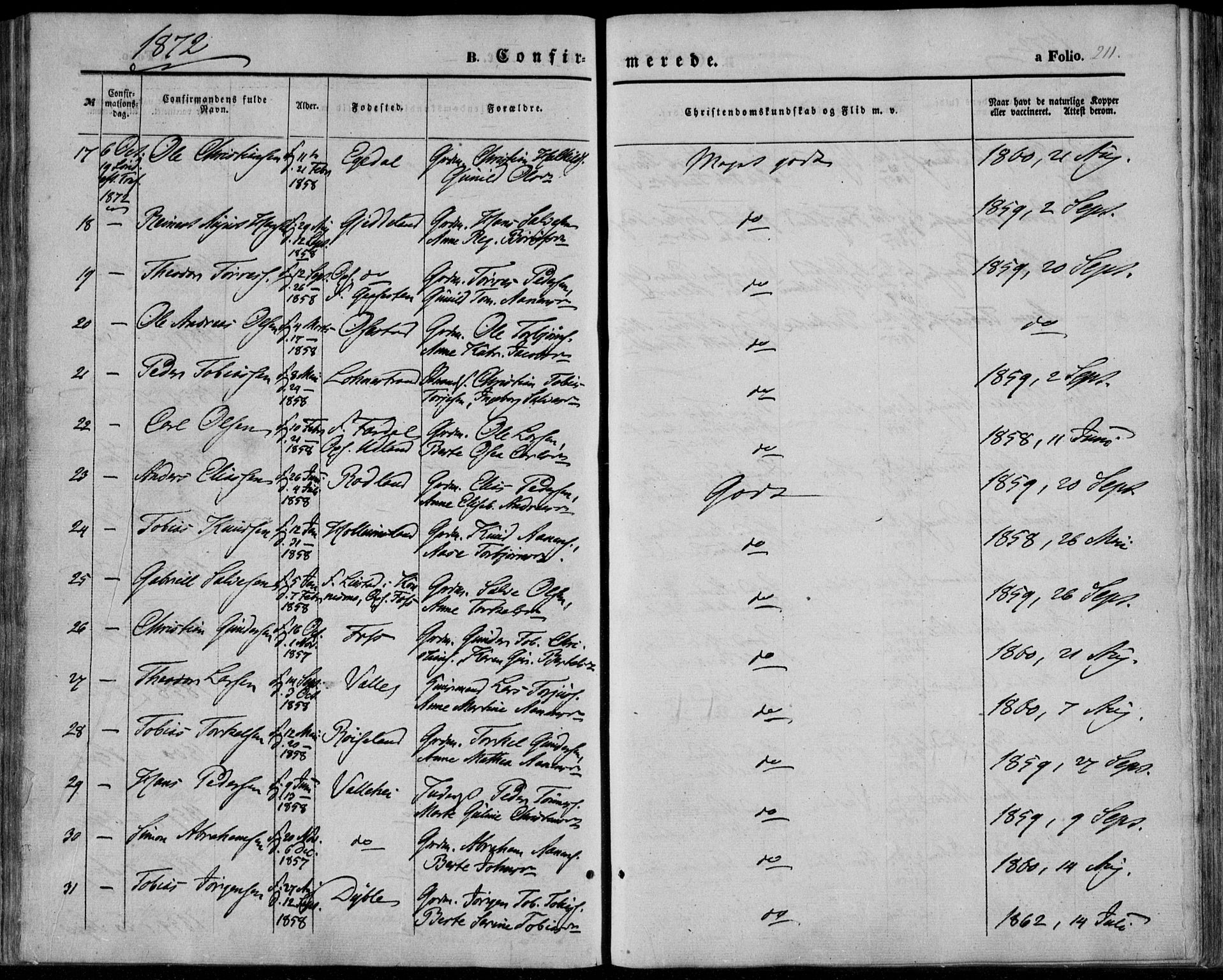 Sør-Audnedal sokneprestkontor, AV/SAK-1111-0039/F/Fa/Fab/L0007: Parish register (official) no. A 7, 1855-1876, p. 211