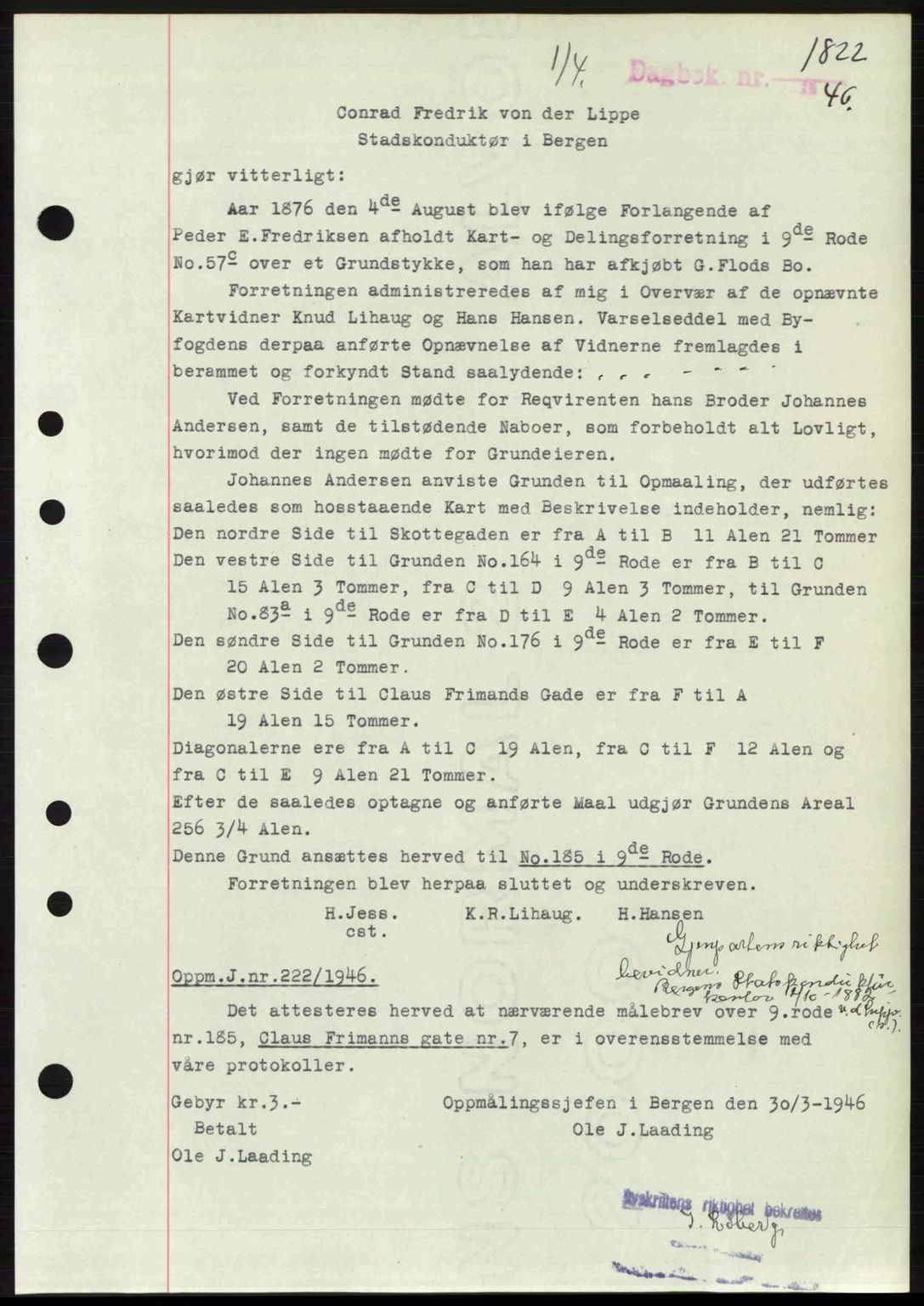 Byfogd og Byskriver i Bergen, SAB/A-3401/03/03Bc/L0022: Mortgage book no. A18, 1946-1946, Diary no: : 1822/1946