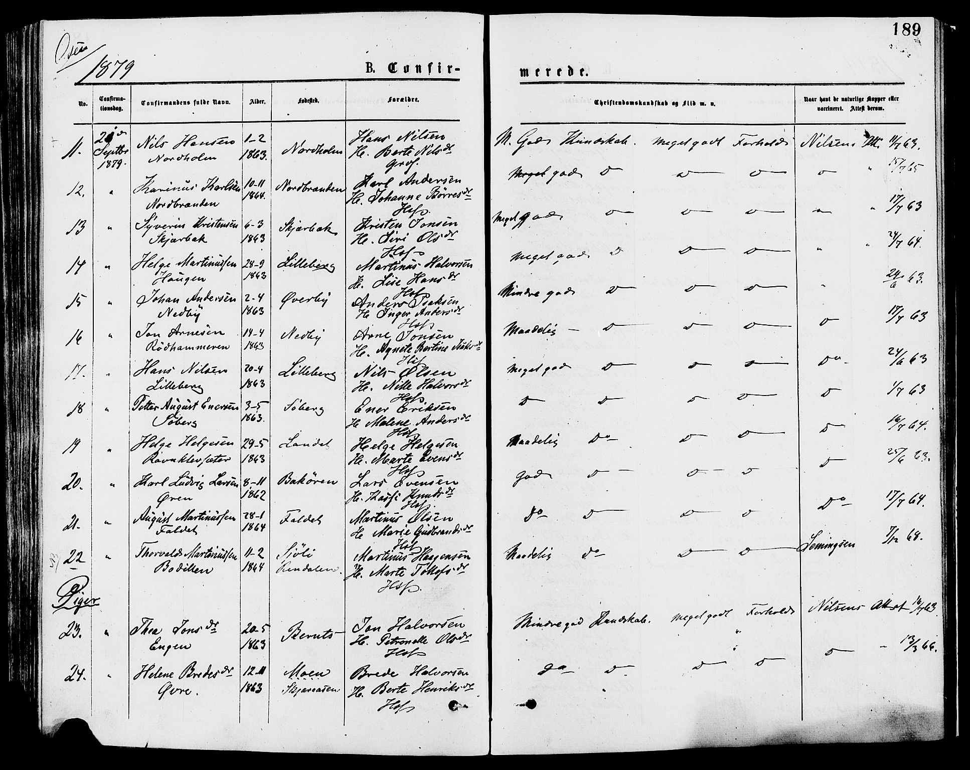 Trysil prestekontor, AV/SAH-PREST-046/H/Ha/Haa/L0007: Parish register (official) no. 7, 1874-1880, p. 189