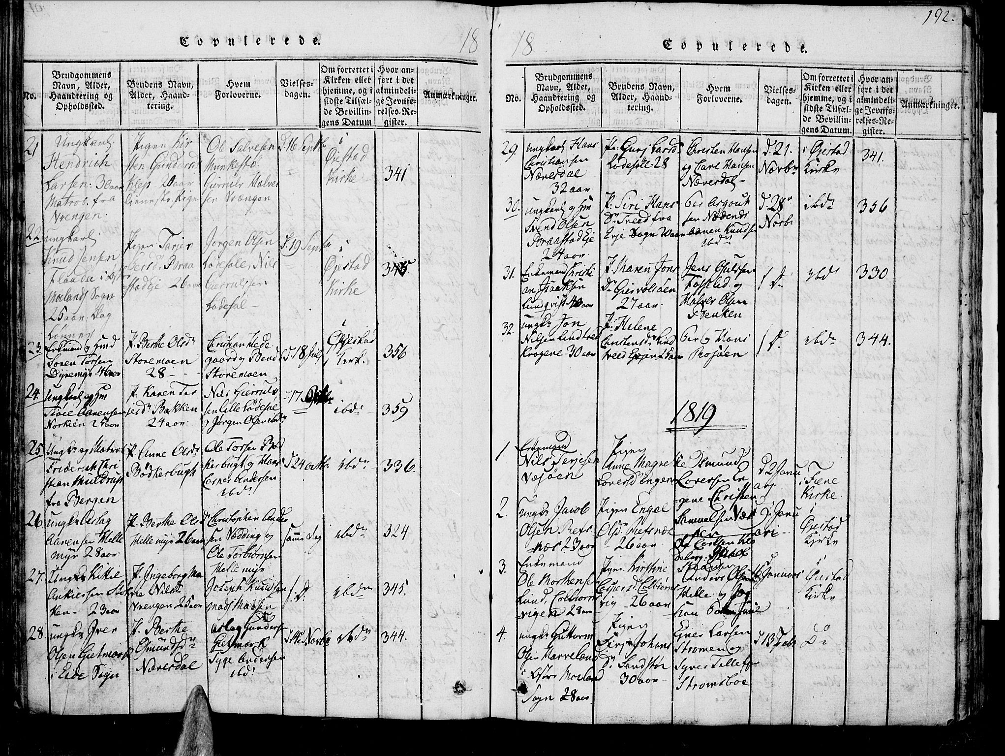 Øyestad sokneprestkontor, SAK/1111-0049/F/Fb/L0003: Parish register (copy) no. B 3, 1816-1827, p. 192