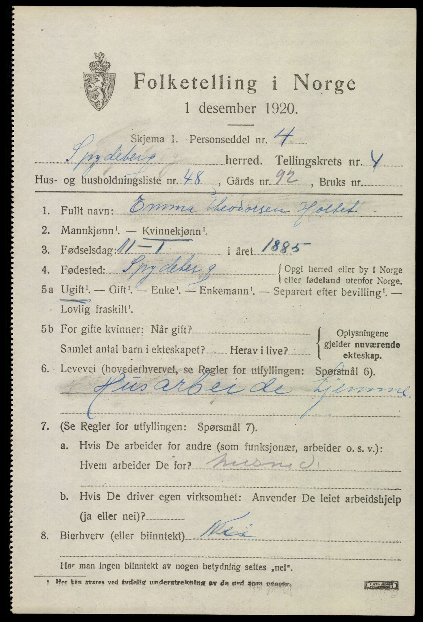 SAO, 1920 census for Spydeberg, 1920, p. 6137