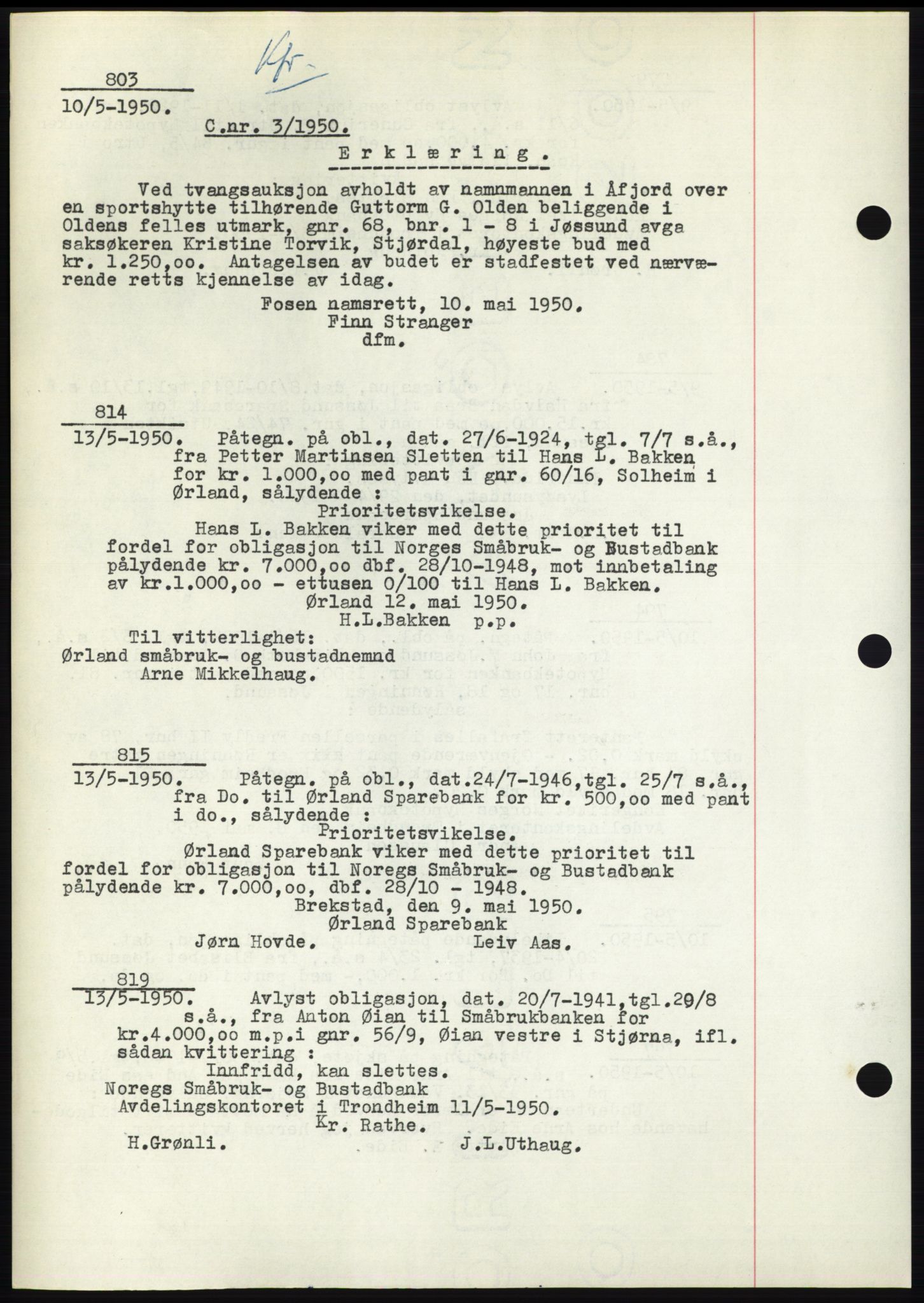 Fosen sorenskriveri, AV/SAT-A-1107/1/2/2C: Mortgage book no. B3, 1948-1950, Diary no: : 803/1950